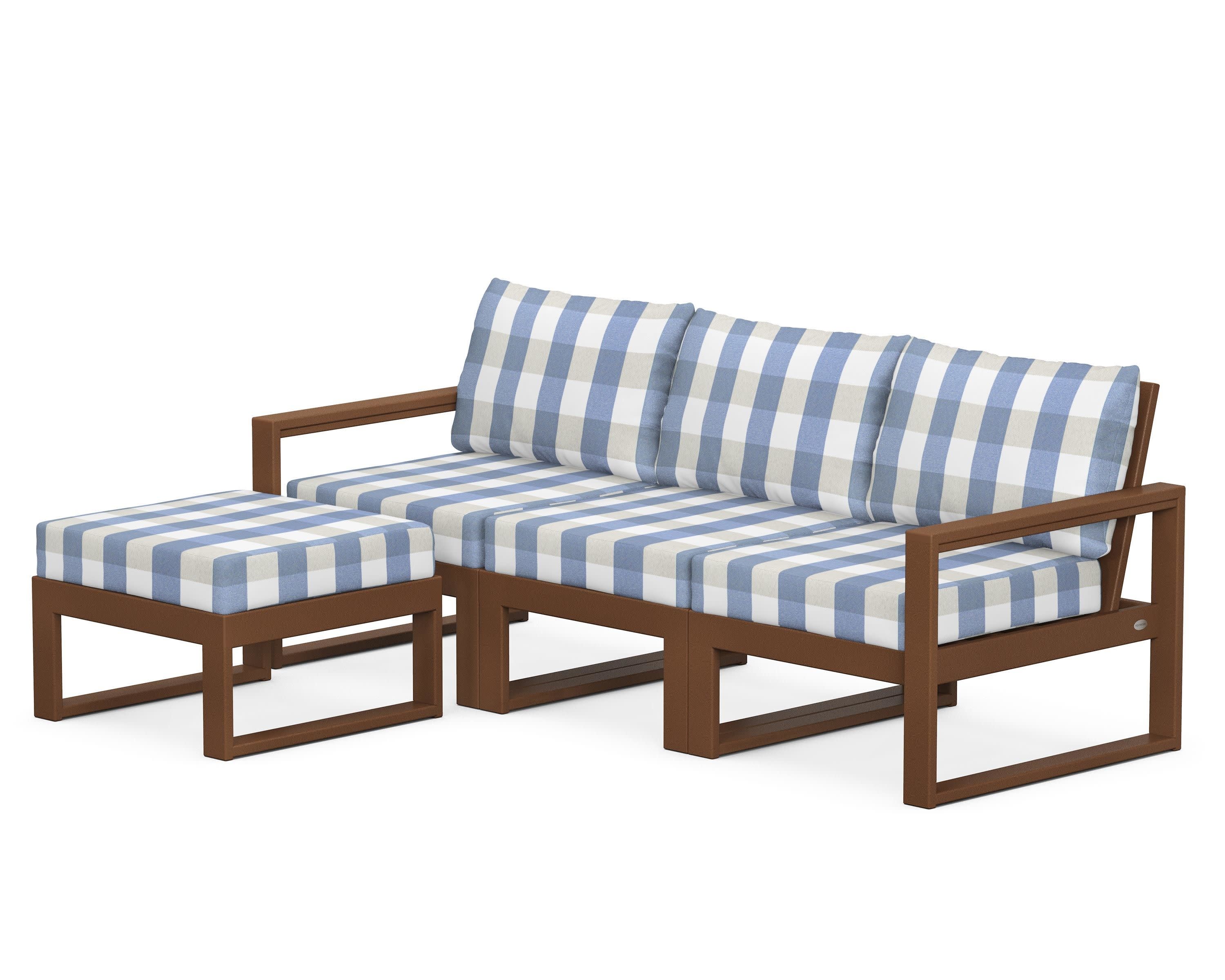 EDGE 4-Piece Modular Deep Seating Set with Ottoman in Teak / Buffalo Plaid Sky Blue
