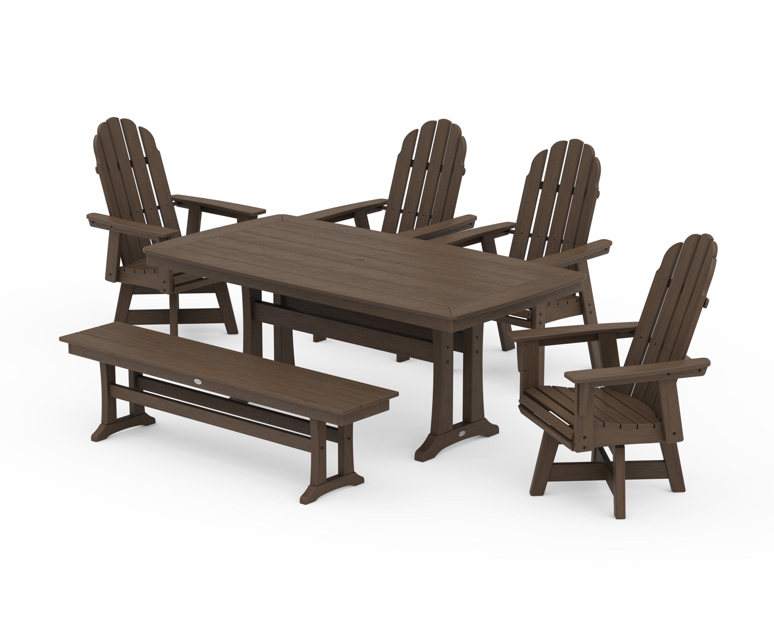 Vineyard Curveback Adirondack Swivel Chair 6-Piece Dining Set with Trestle Legs and Bench in Kona