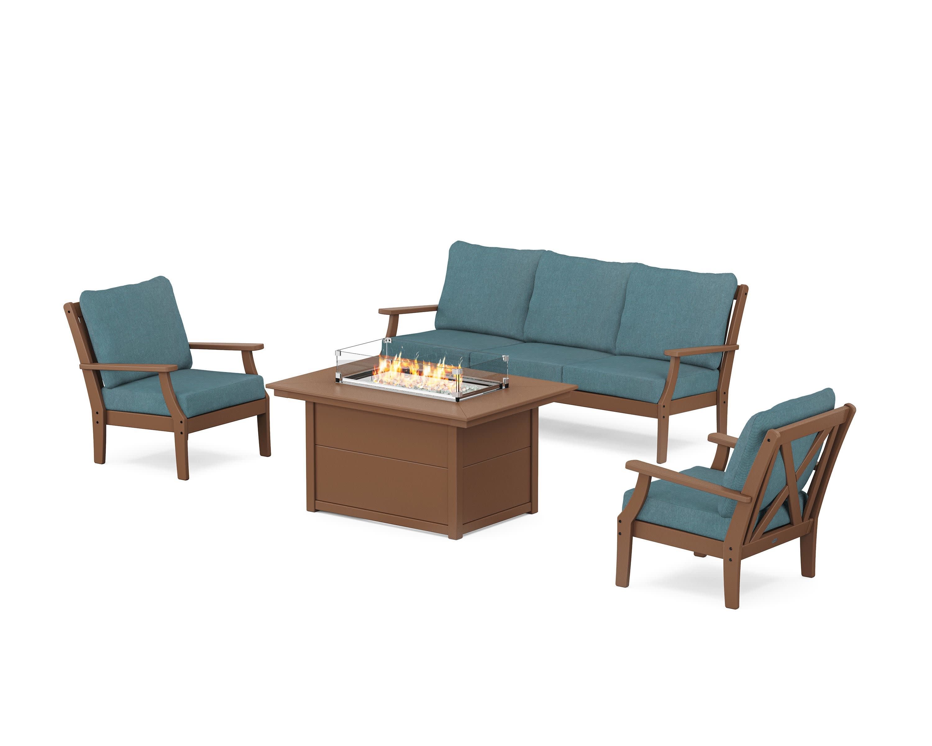Braxton Deep Seating Fire Pit Table Set in Teak / Ocean Teal
