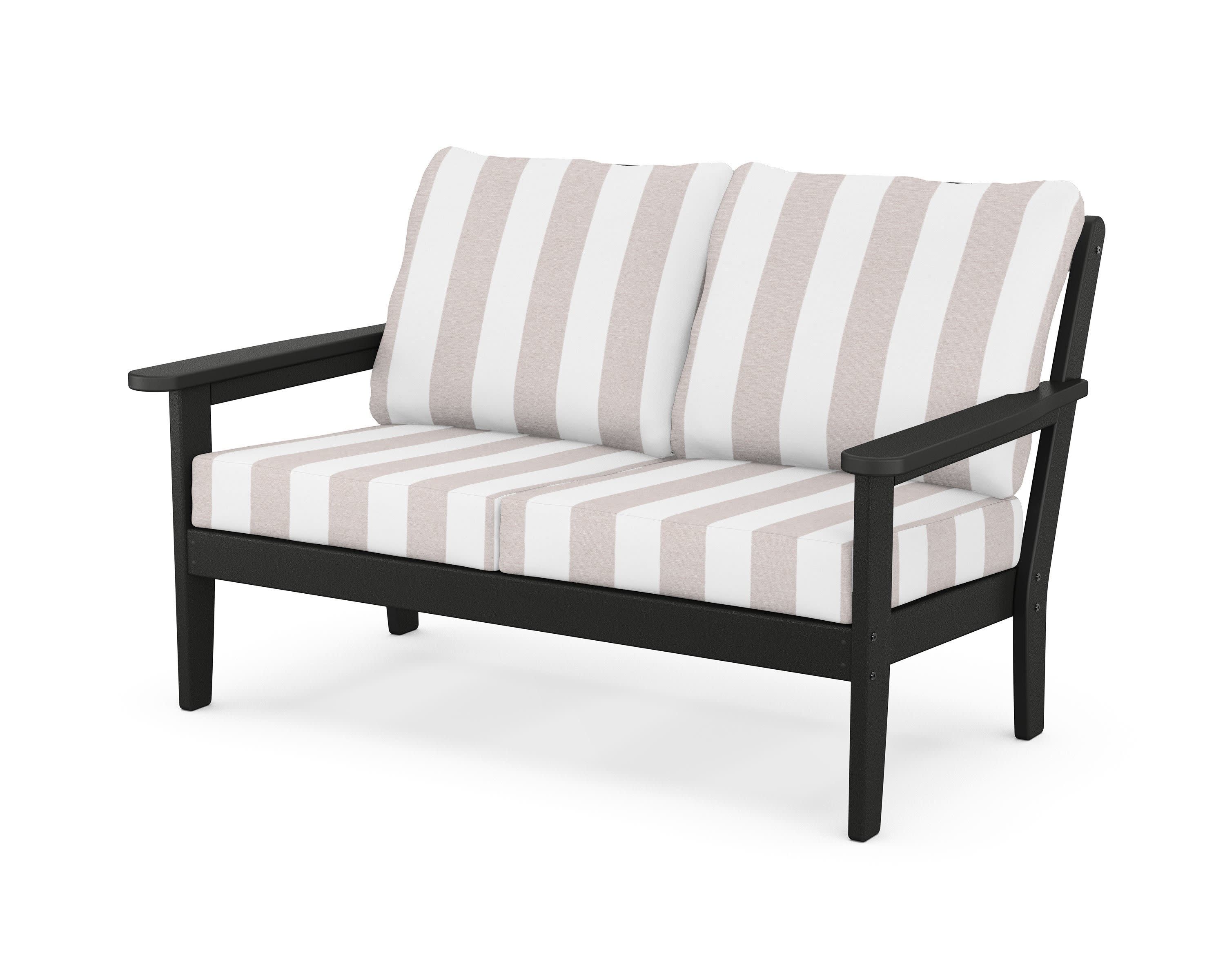 Cottage Deep Seating Loveseat in Black / Cabana Stripe Dune Burlap
