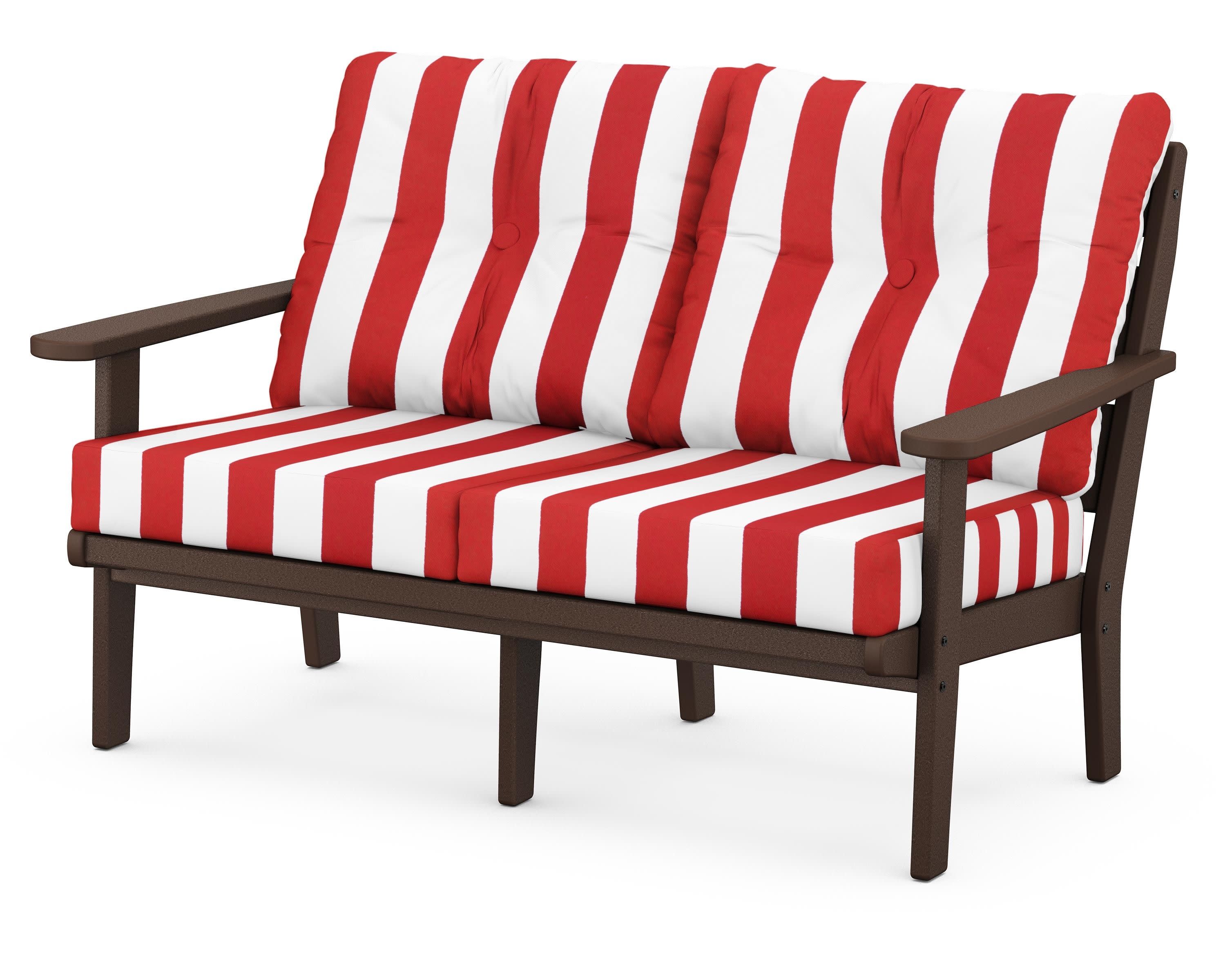 Lakeside Deep Seating Loveseat in Mahogany / Cabana Stripe Crimson