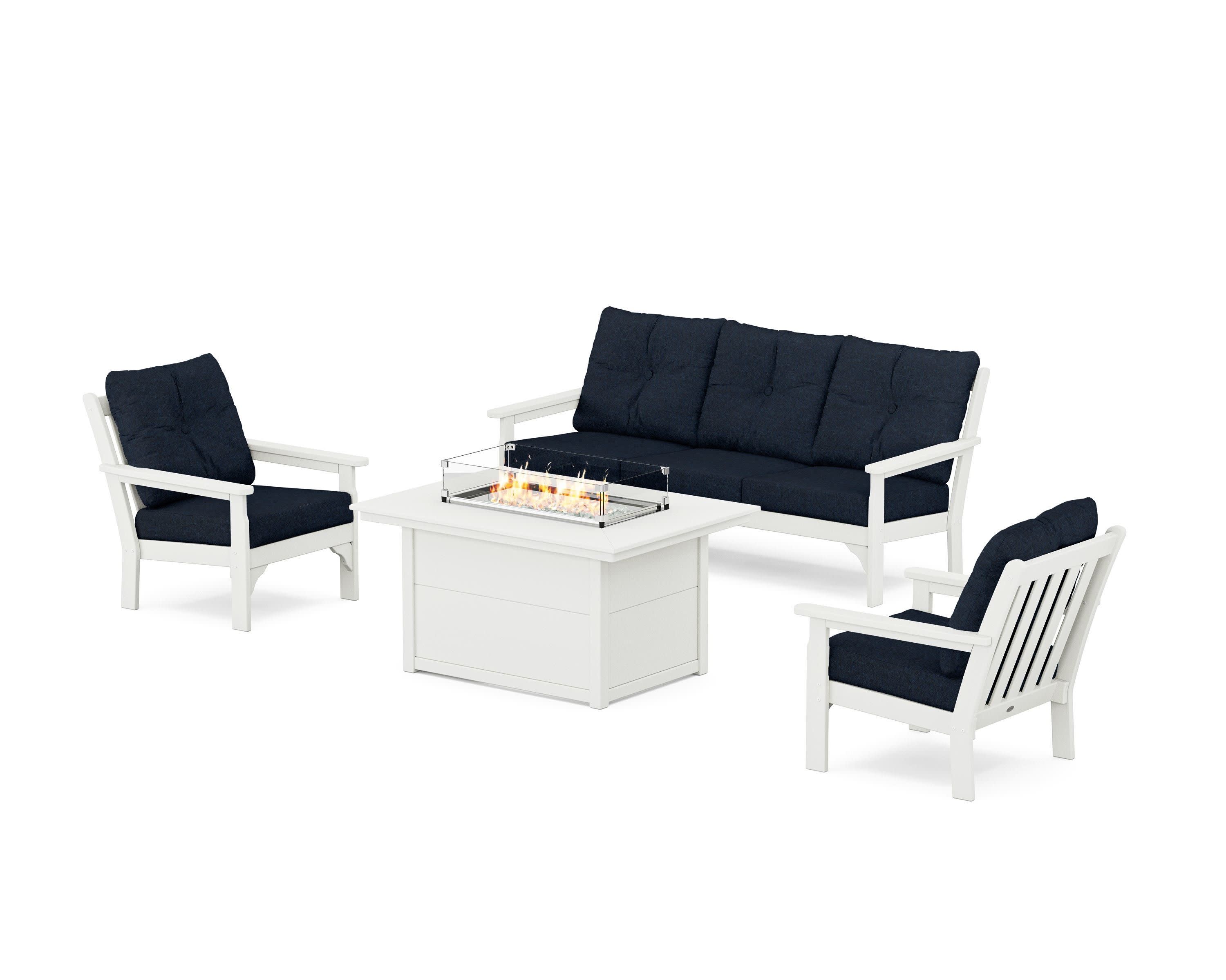 Vineyard Deep Seating Fire Pit Table Set in Vintage White / Marine Indigo