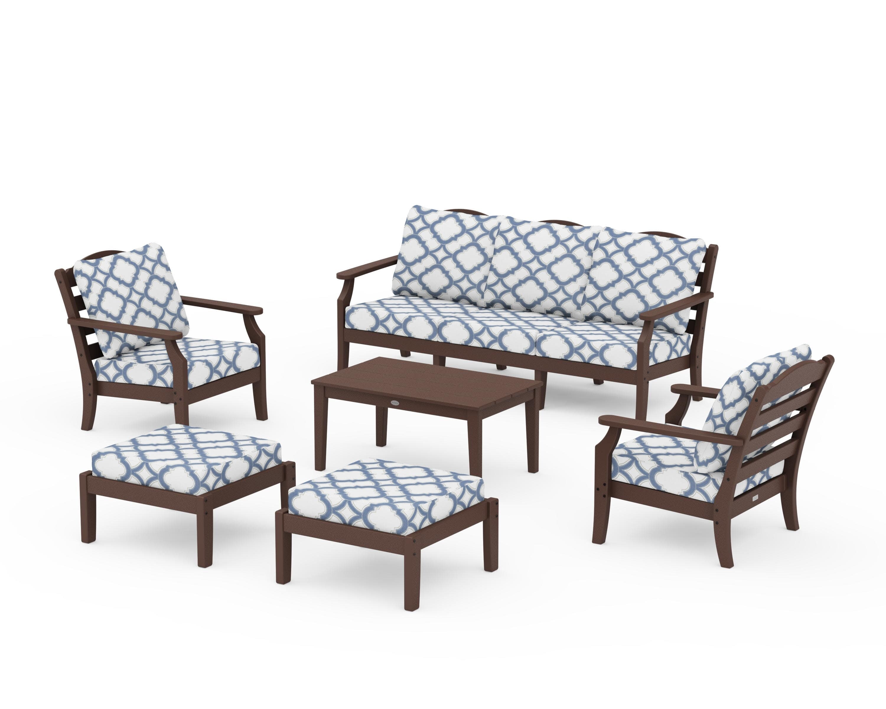 Savannah 6-Piece Lounge Sofa Set in Mahogany / Trellis Sky Blue