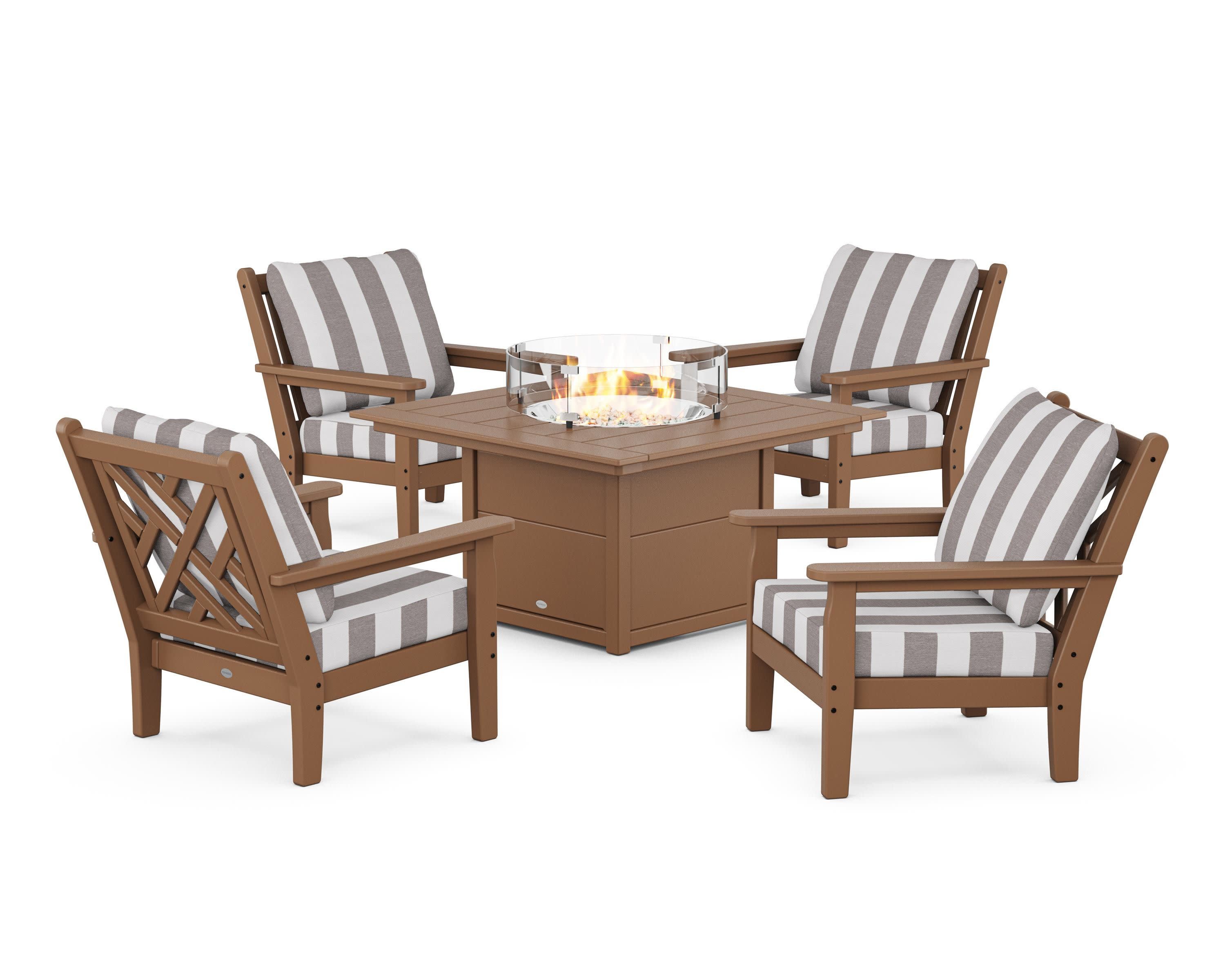 Chippendale 5-Piece Deep Seating Set with Fire Pit Table in Teak / Cabana Stripe Grey Mist