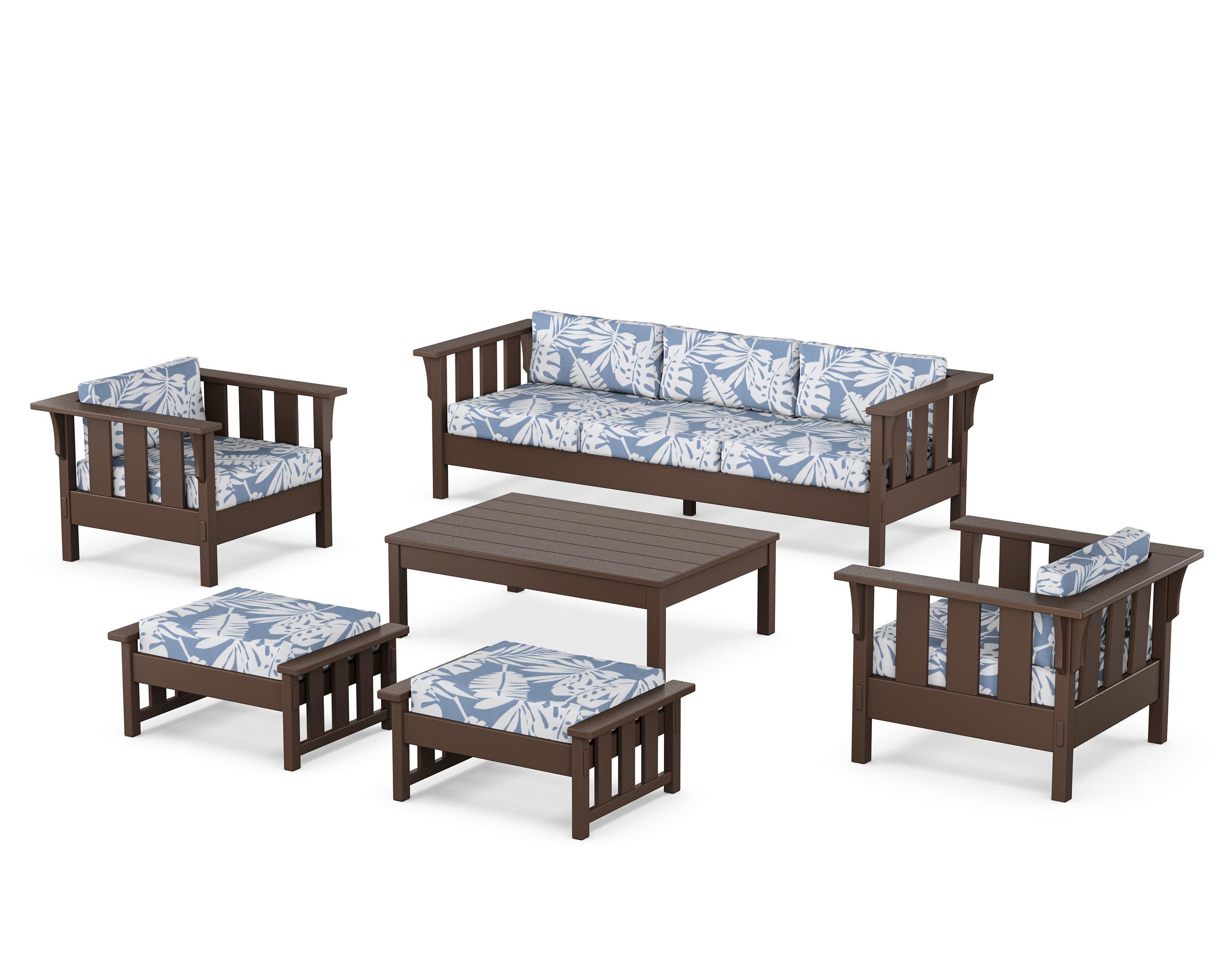 Acadia 6-Piece Lounge Sofa Set in Mahogany / Leaf Sky Blue