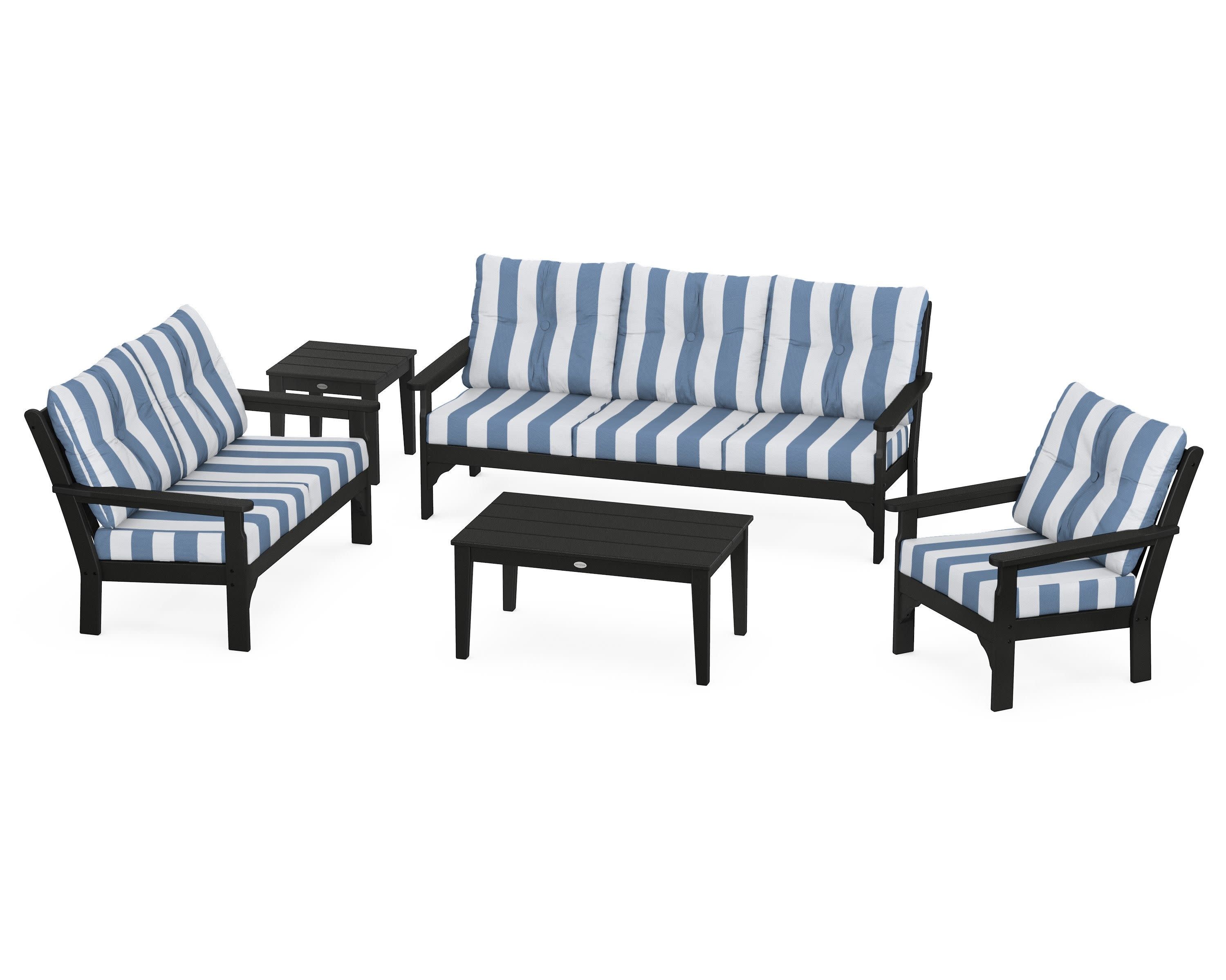 Vineyard 5 Piece Deep Seating Set in Black / Cabana Stripe Sky Blue