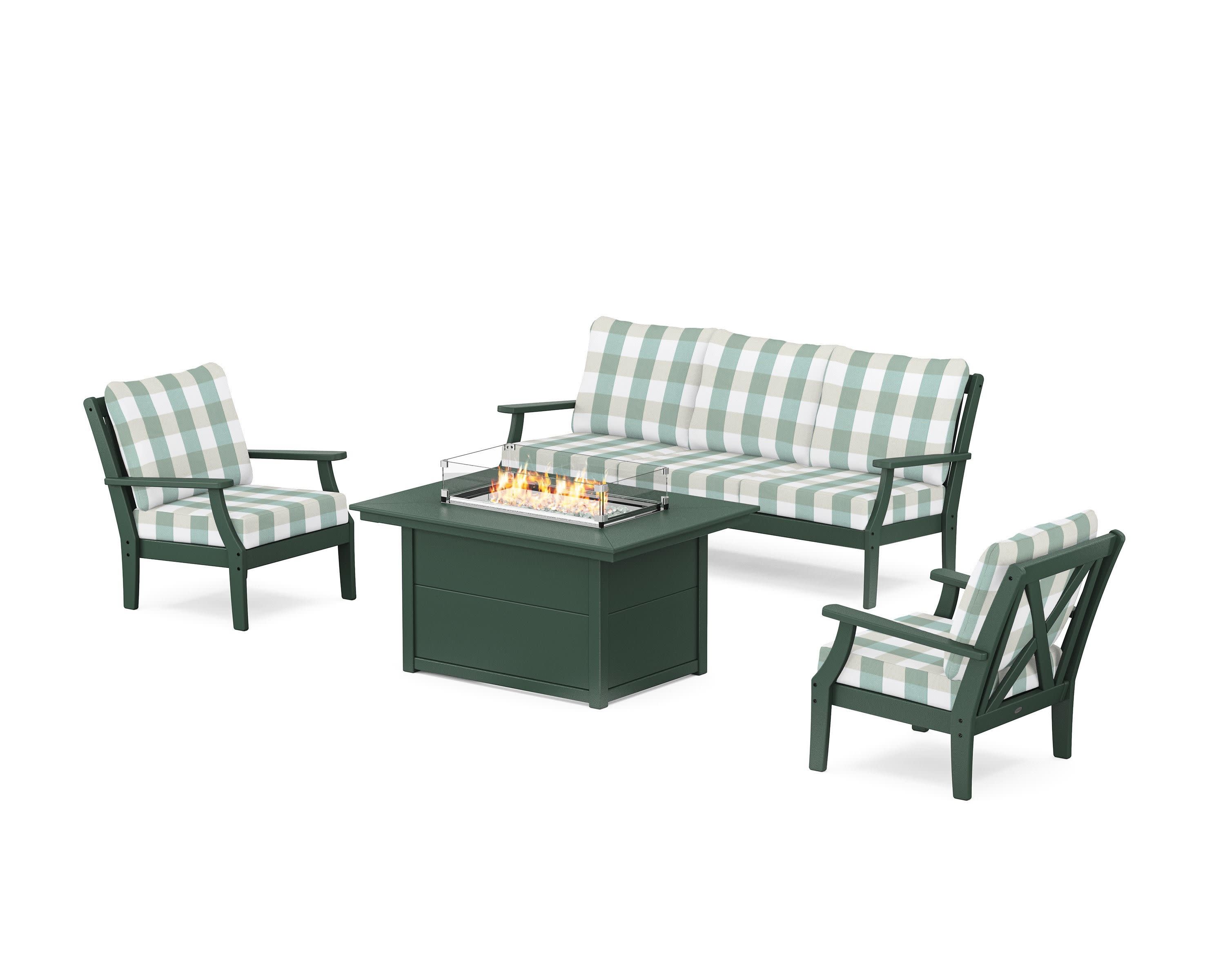 Braxton Deep Seating Fire Pit Table Set in Green / Buffalo Plaid Glacier Spa