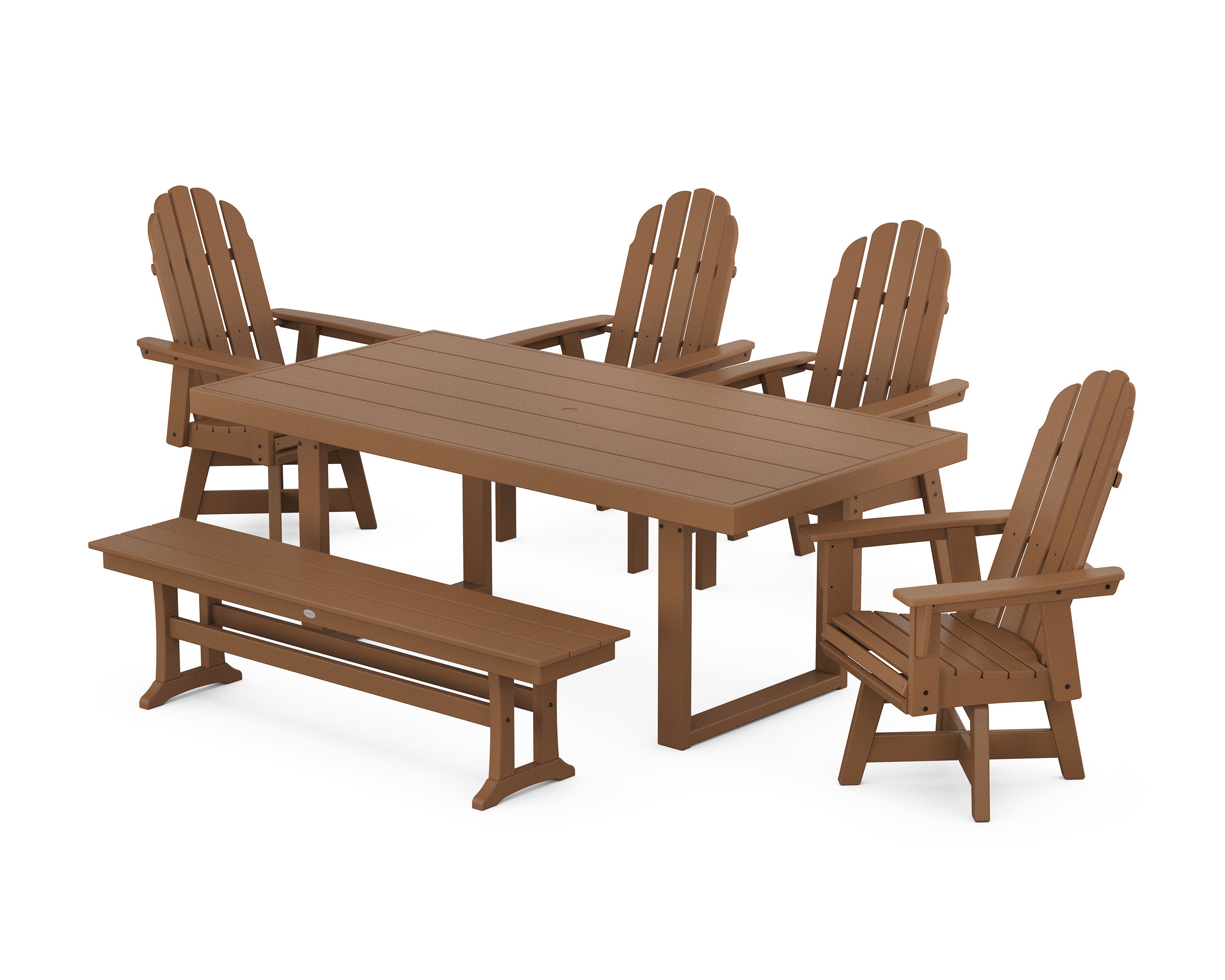 Vineyard Curveback Adirondack Swivel Chair 6-Piece Dining Set with Bench in Teak