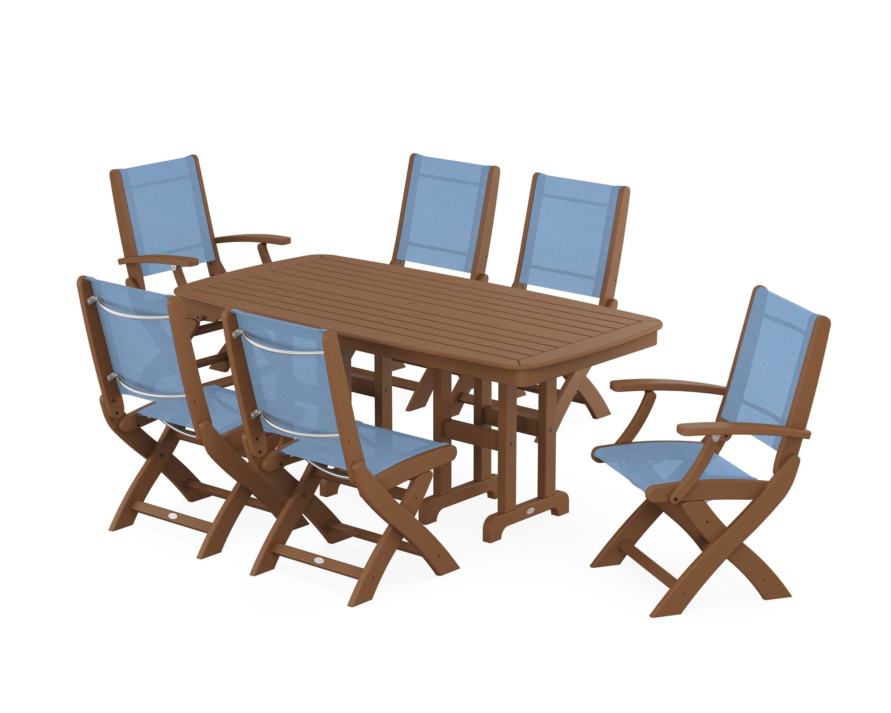 Coastal Folding Chair 7-Piece Dining Set in Teak / Poolside Sling