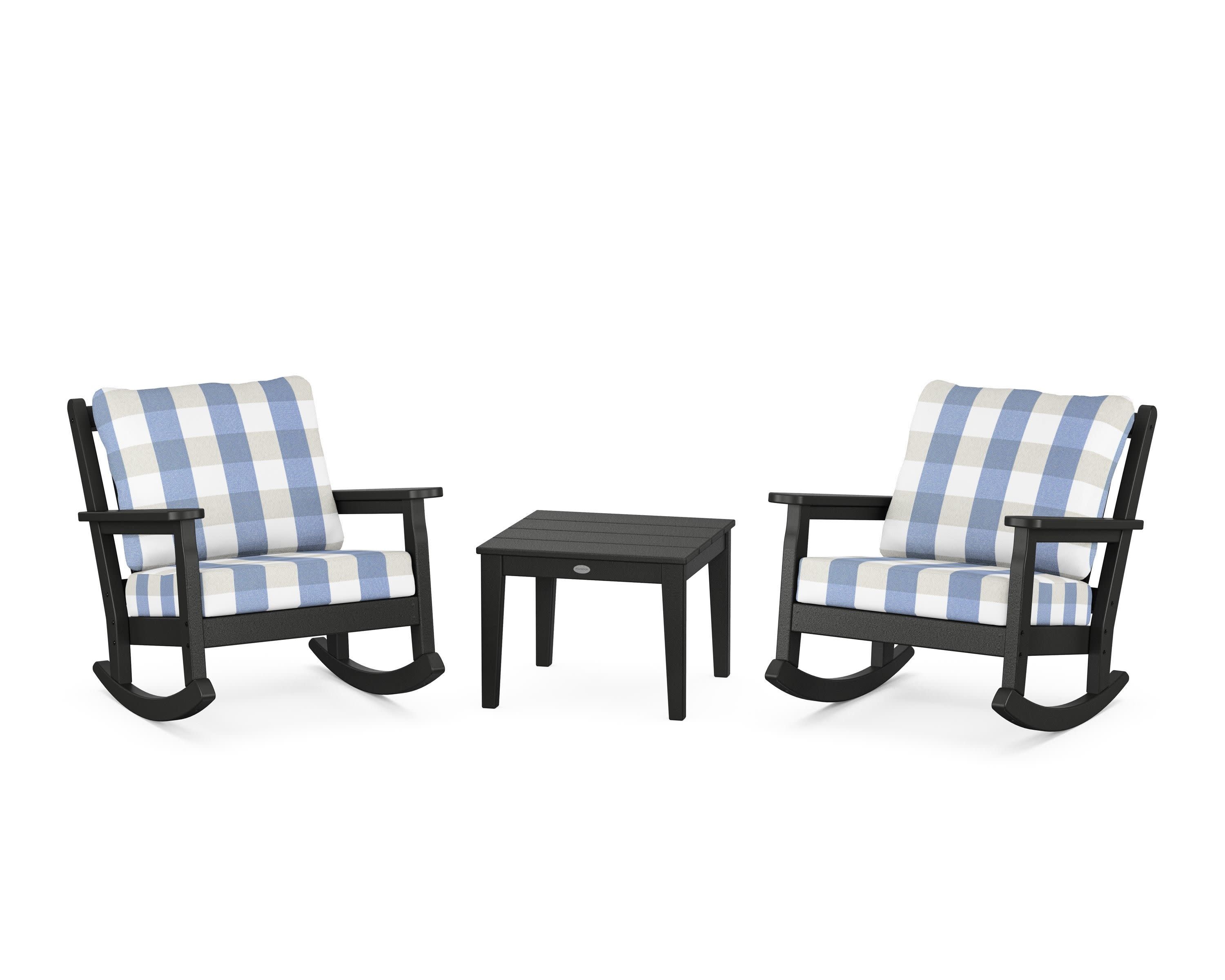 Chippendale 3-Piece Deep Seating Rocker Set in Black / Buffalo Plaid Sky Blue