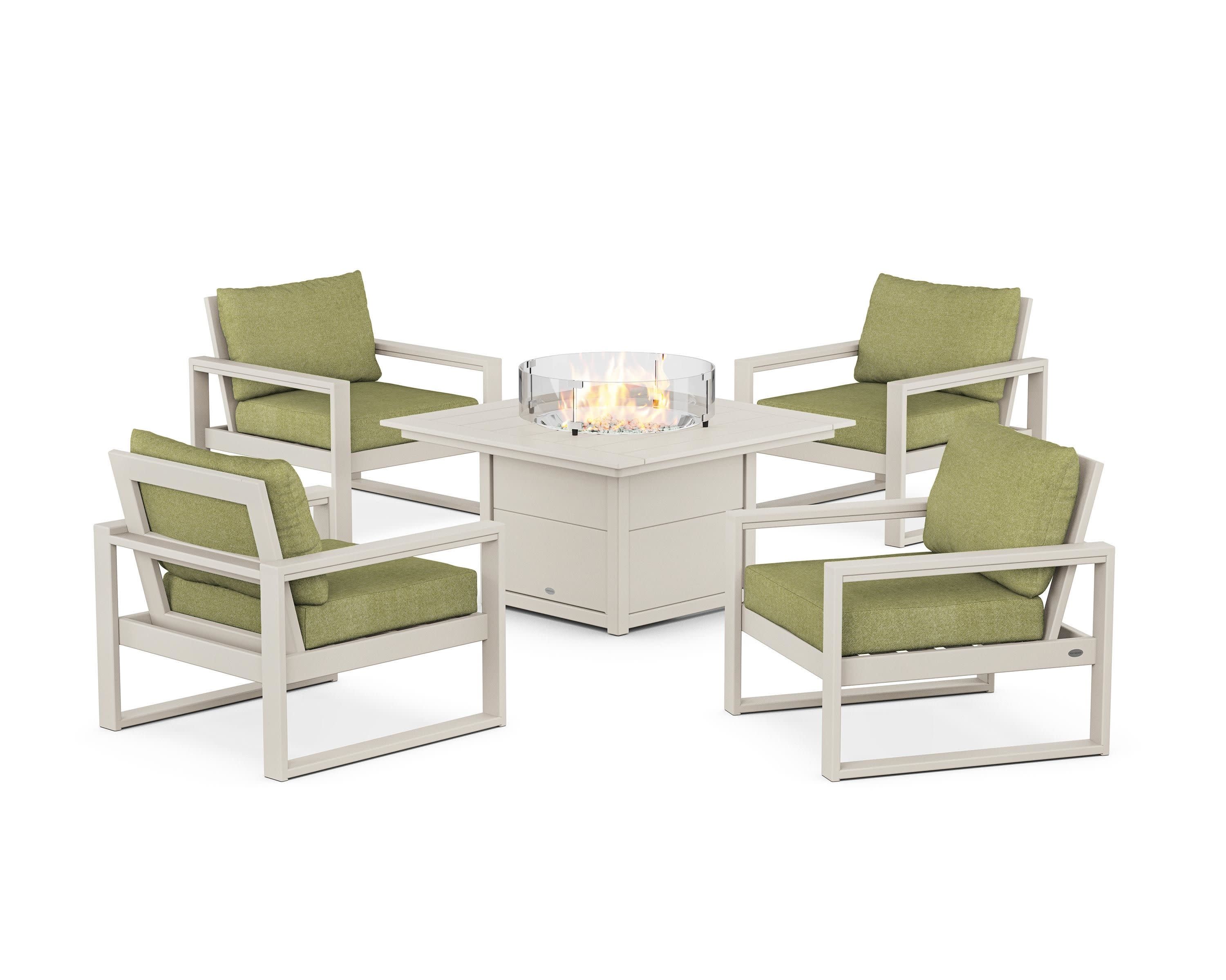 EDGE Sectional 5-Piece Deep Seating Set with Fire Pit Table in Sand / Chartreuse Boucle
