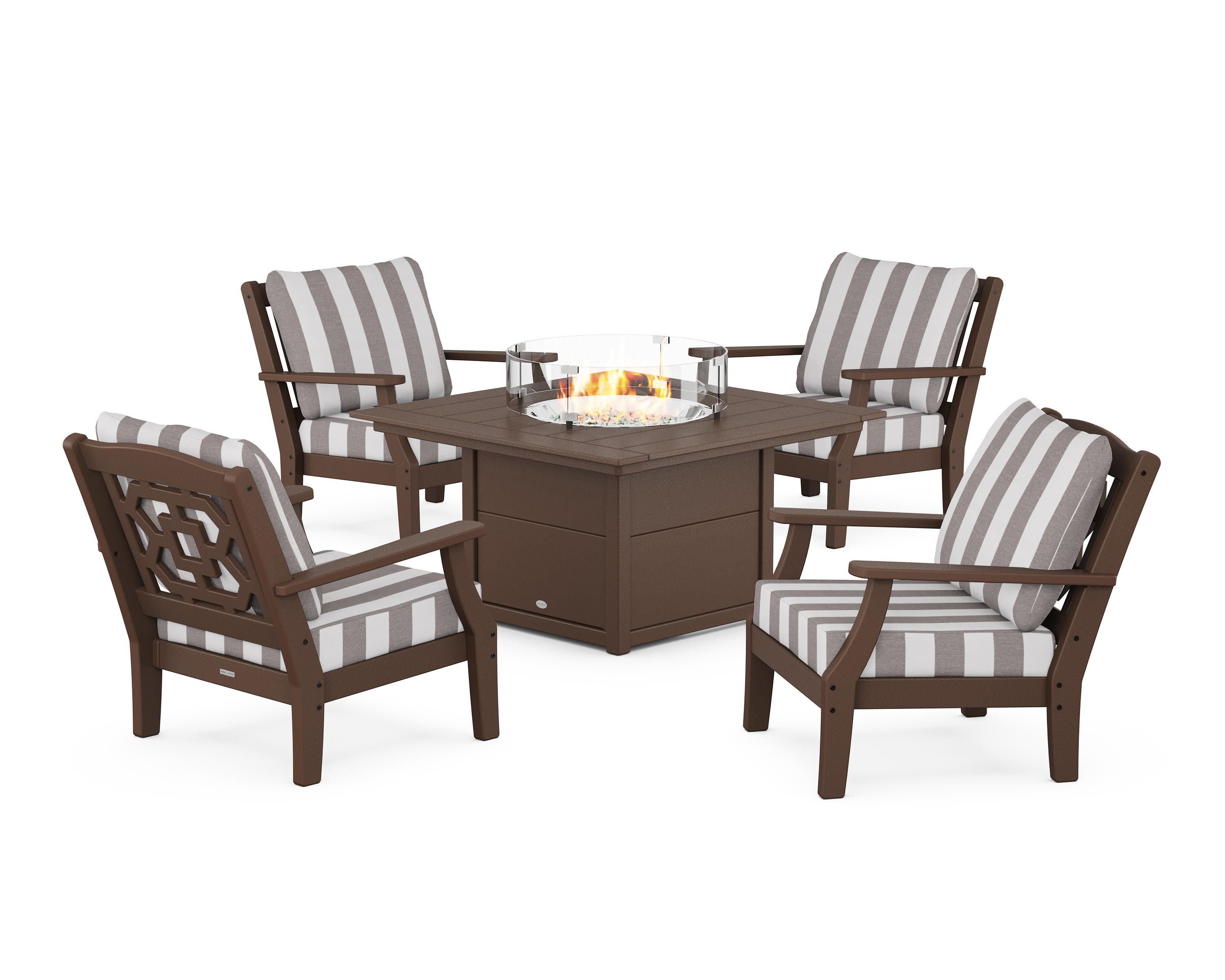 Chinoiserie 5-Piece Deep Seating Set with Fire Pit Table in Mahogany / Cabana Stripe Grey Mist