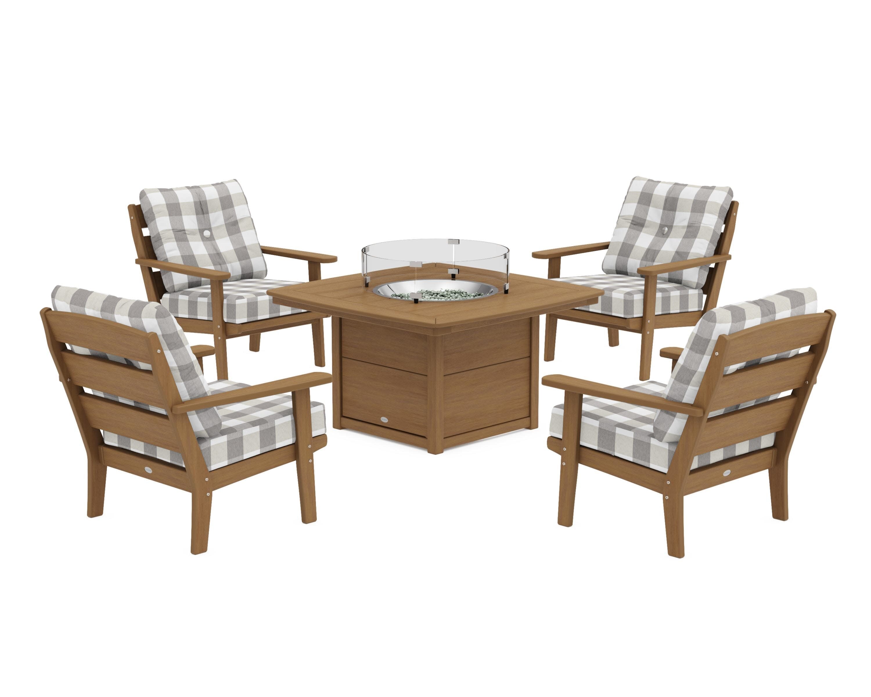 Lakeside 5-Piece Deep Seating Set with Nautical Fire Pit Table in Natural / Buffalo Plaid Grey Mist