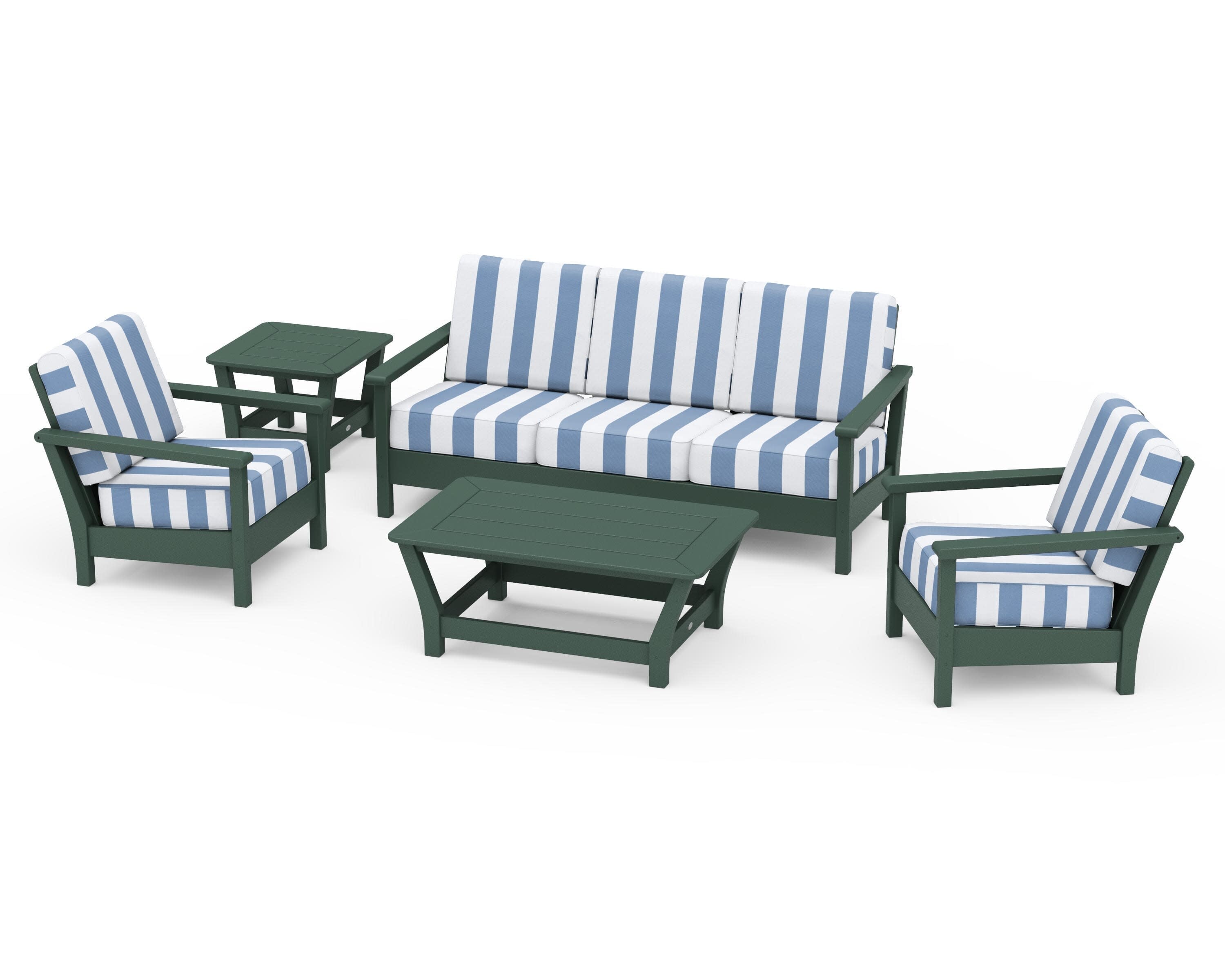 Harbour 5-Piece Deep Seating Set in Green / Cabana Stripe Sky Blue