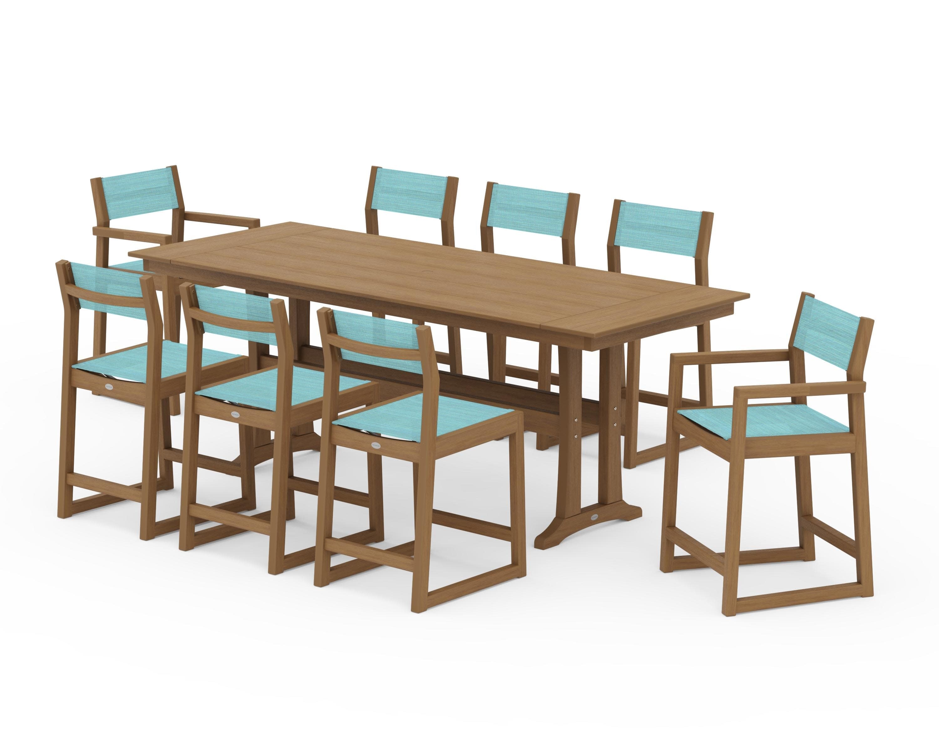 EDGE Sling 9-Piece Farmhouse Counter Set with Trestle Legs in Natural / Dupioni Aquamarine Sling
