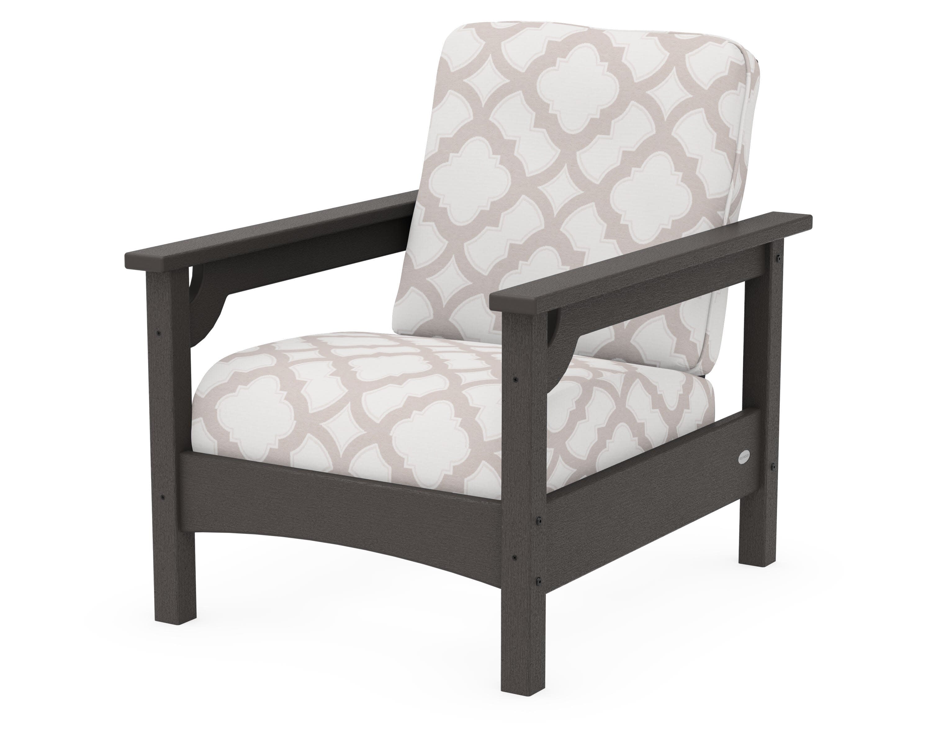 Club Chair in Vintage Coffee / Trellis Dune Burlap