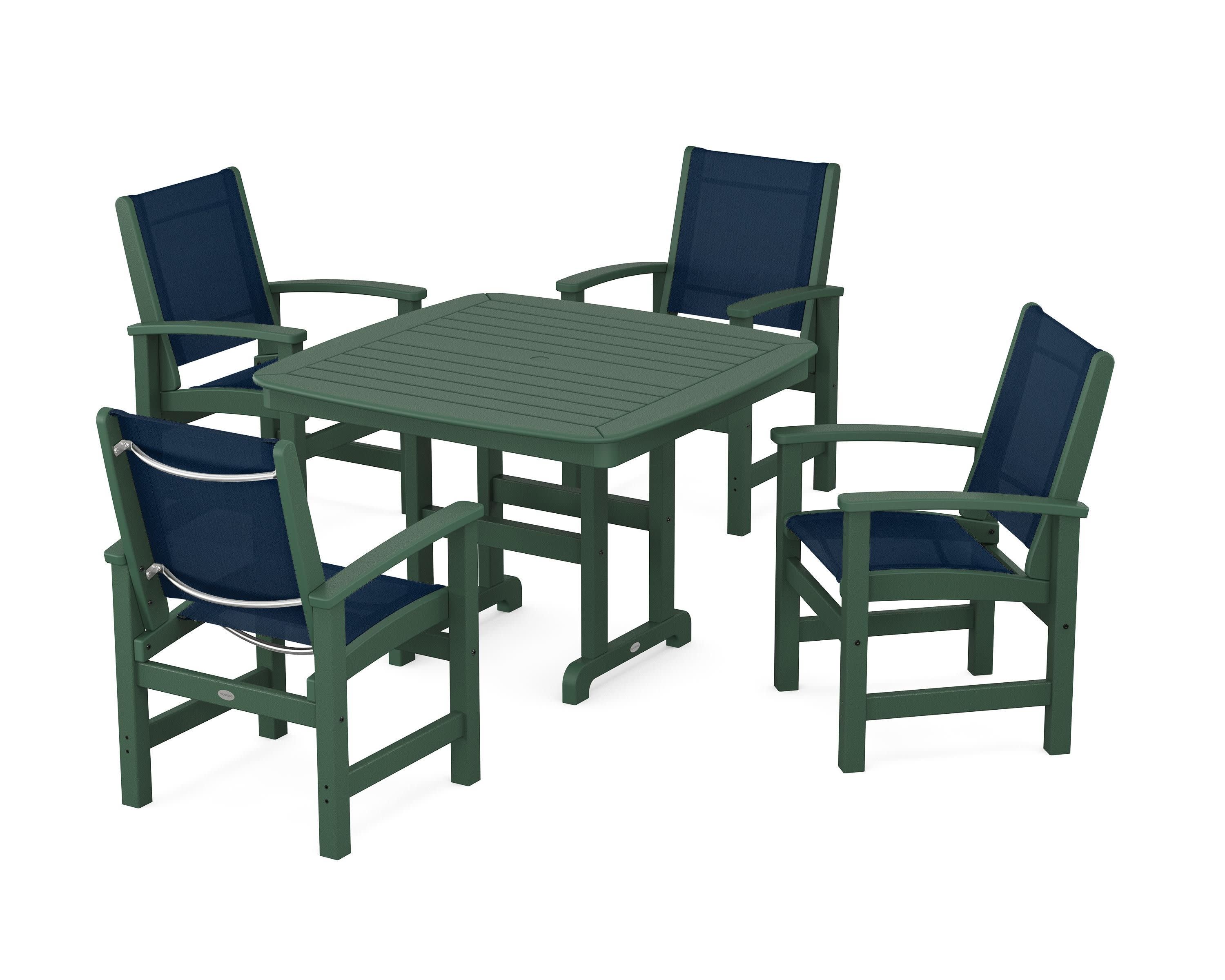 Coastal 5-Piece Dining Set in Green / Navy Blue Sling