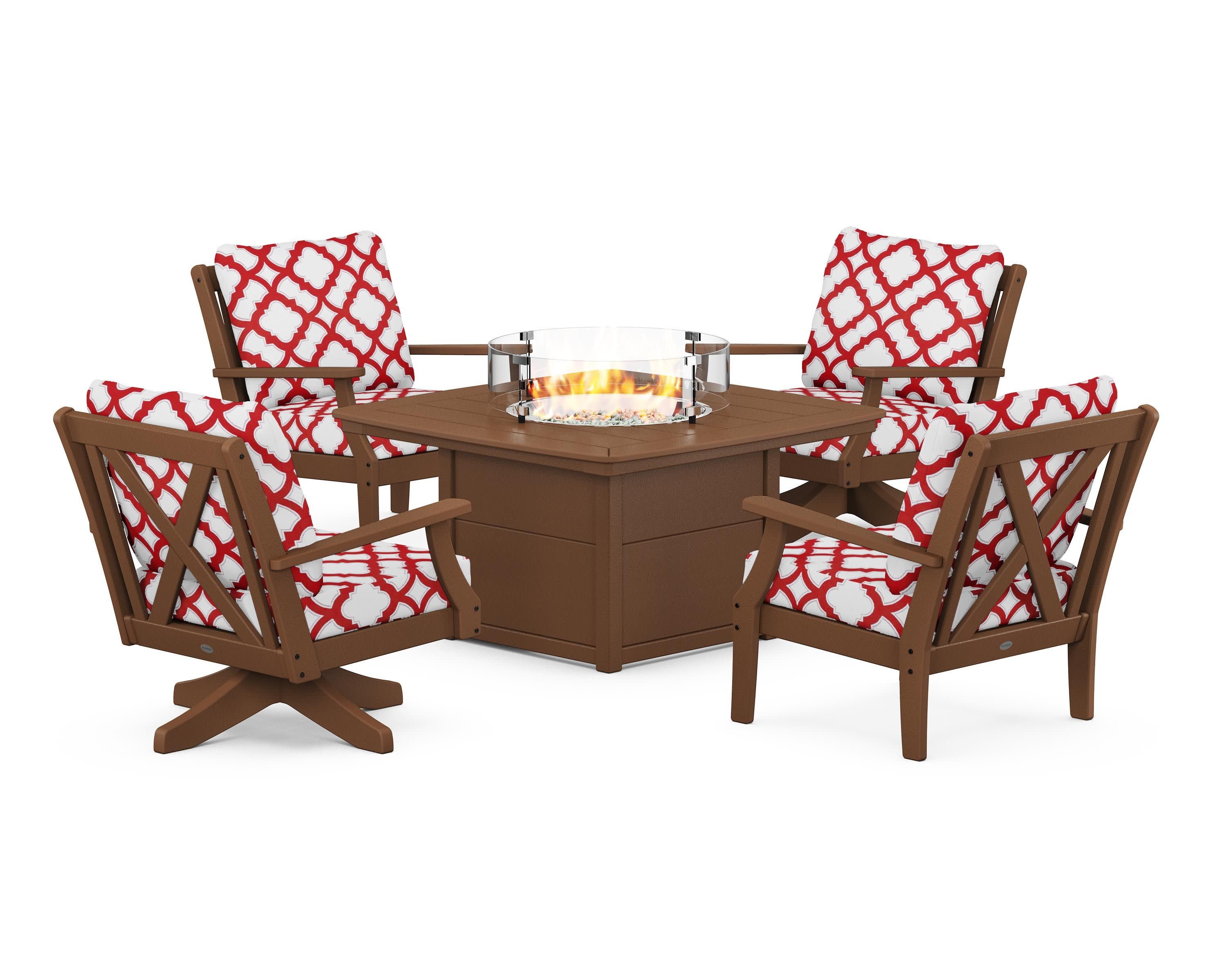 Braxton 5-Piece Deep Seating Set with Fire Table in Teak / Trellis Crimson