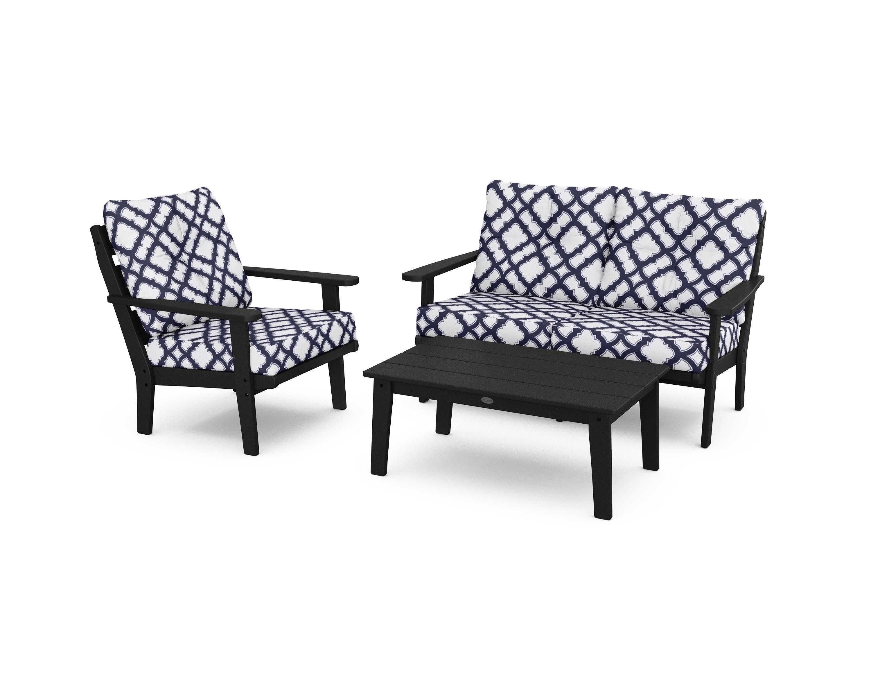Lakeside 3-Piece Deep Seating Set in Black / Trellis Navy