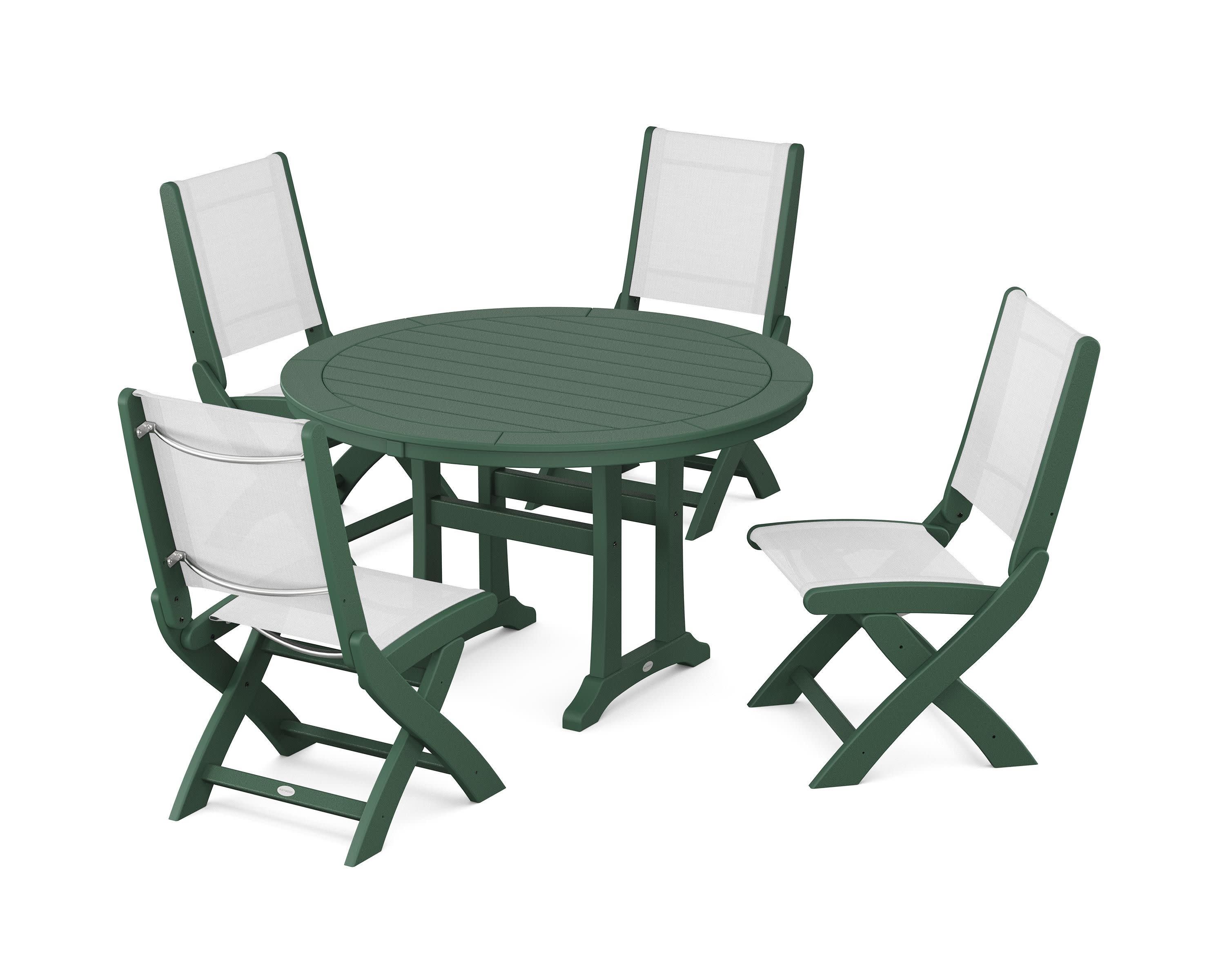 Coastal Folding Side Chair 5-Piece Round Dining Set With Trestle Legs in Green / White Sling