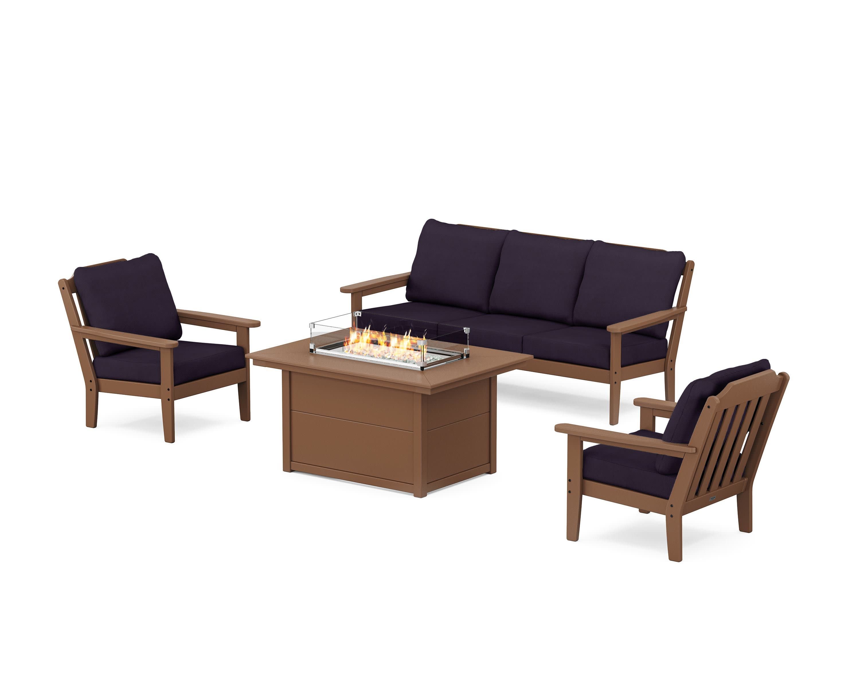 Cottage Deep Seating Fire Pit Table Set in Teak / Navy Linen