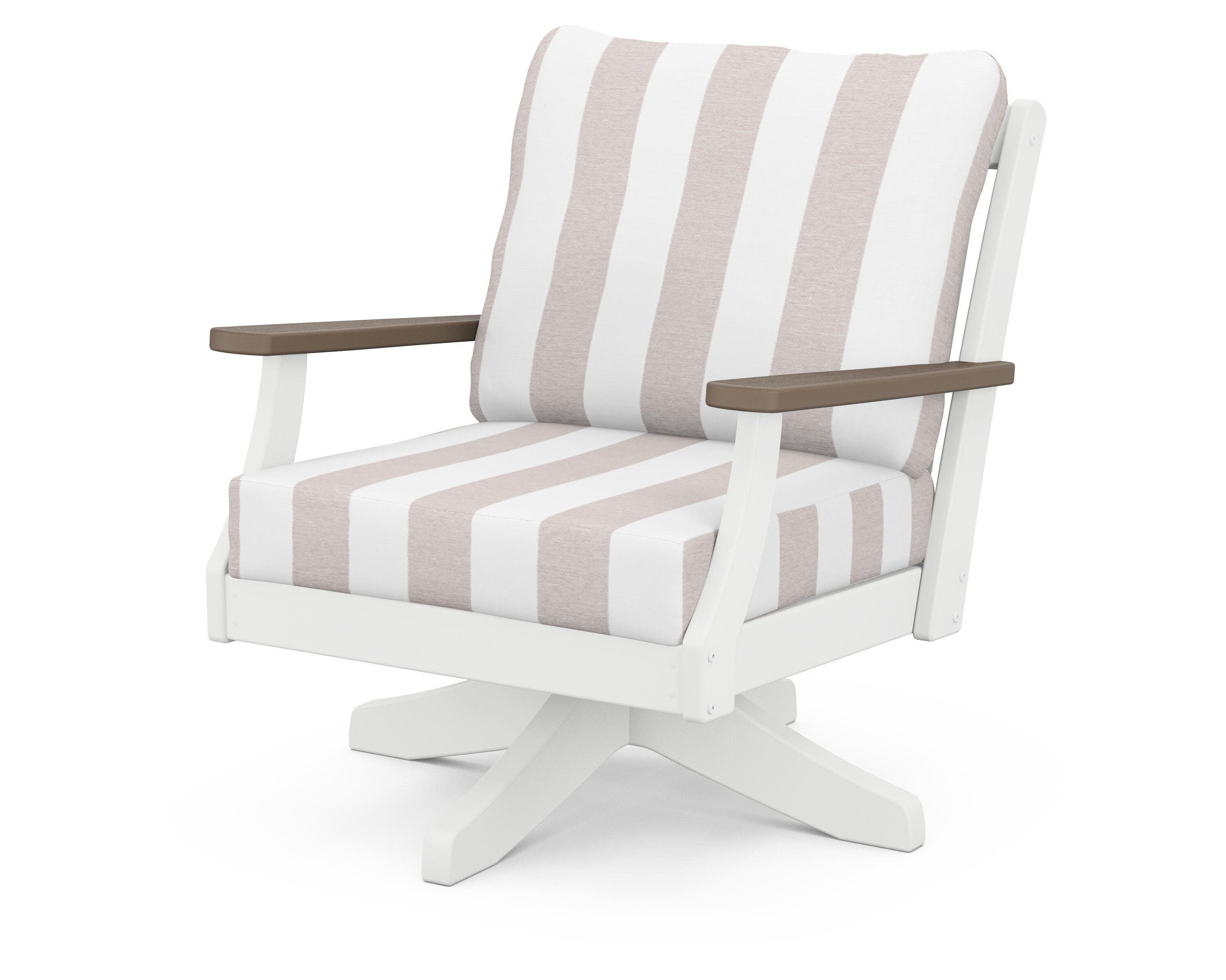 Braxton Deep Seating Swivel Chair in White / Kona / Cabana Stripe Dune Burlap