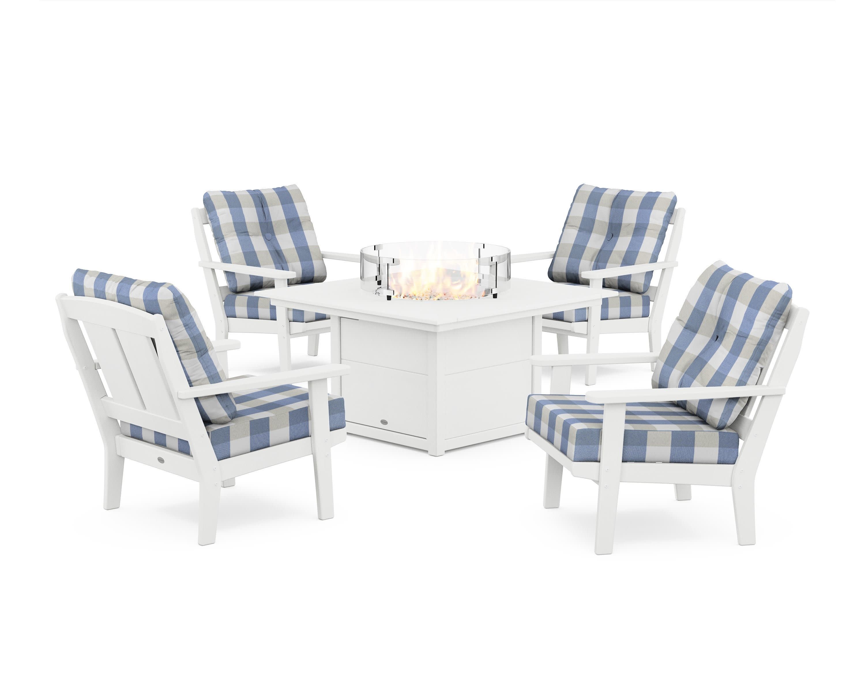 Mission 5-Piece Deep Seating Set with Fire Pit Table in White / Buffalo Plaid Sky Blue