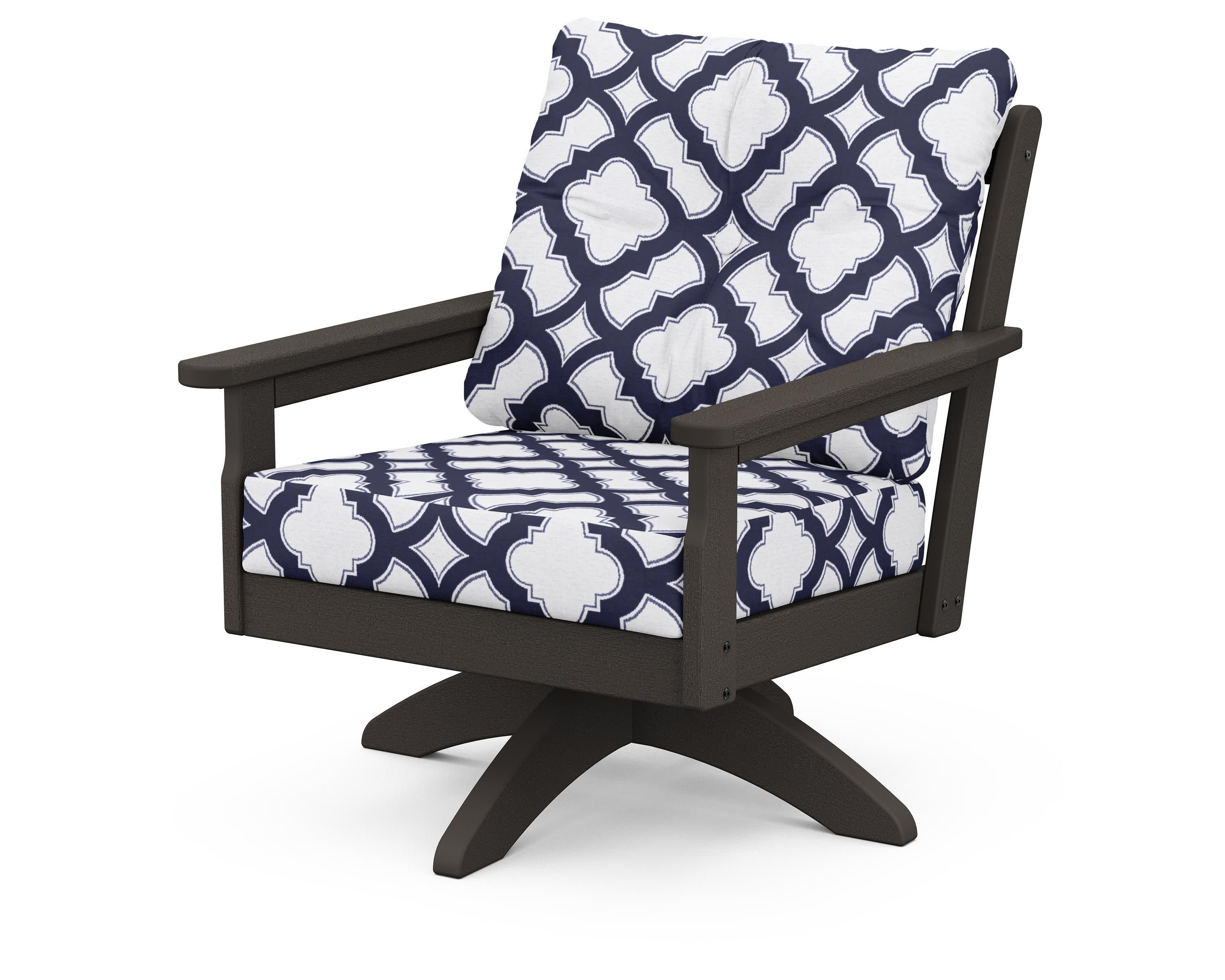 Vineyard Deep Seating Swivel Chair in Vintage Coffee / Trellis Navy