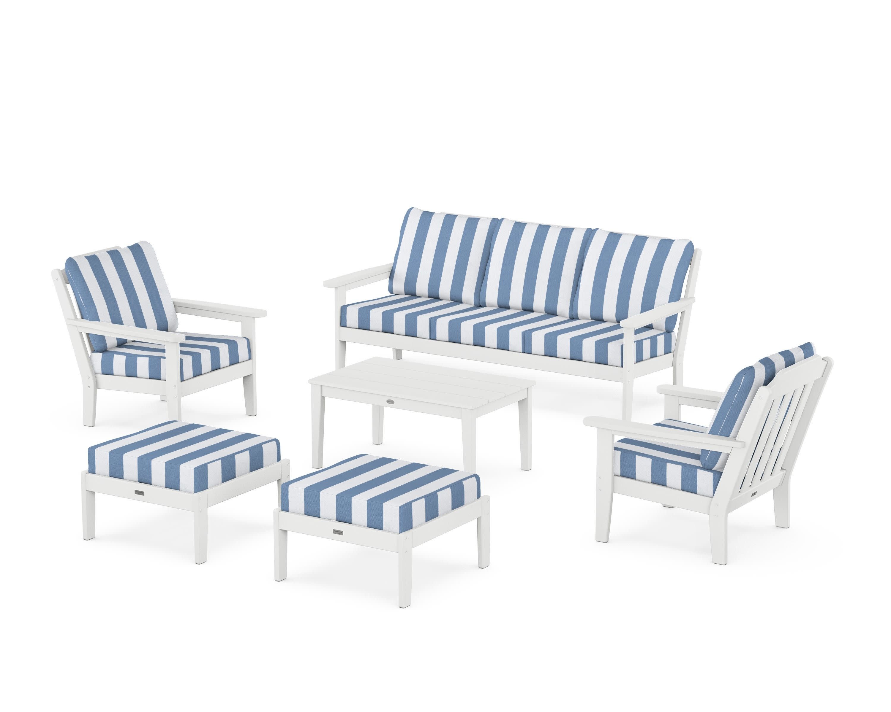Cottage 6-Piece Lounge Sofa Set in White / Cabana Stripe Sky Blue