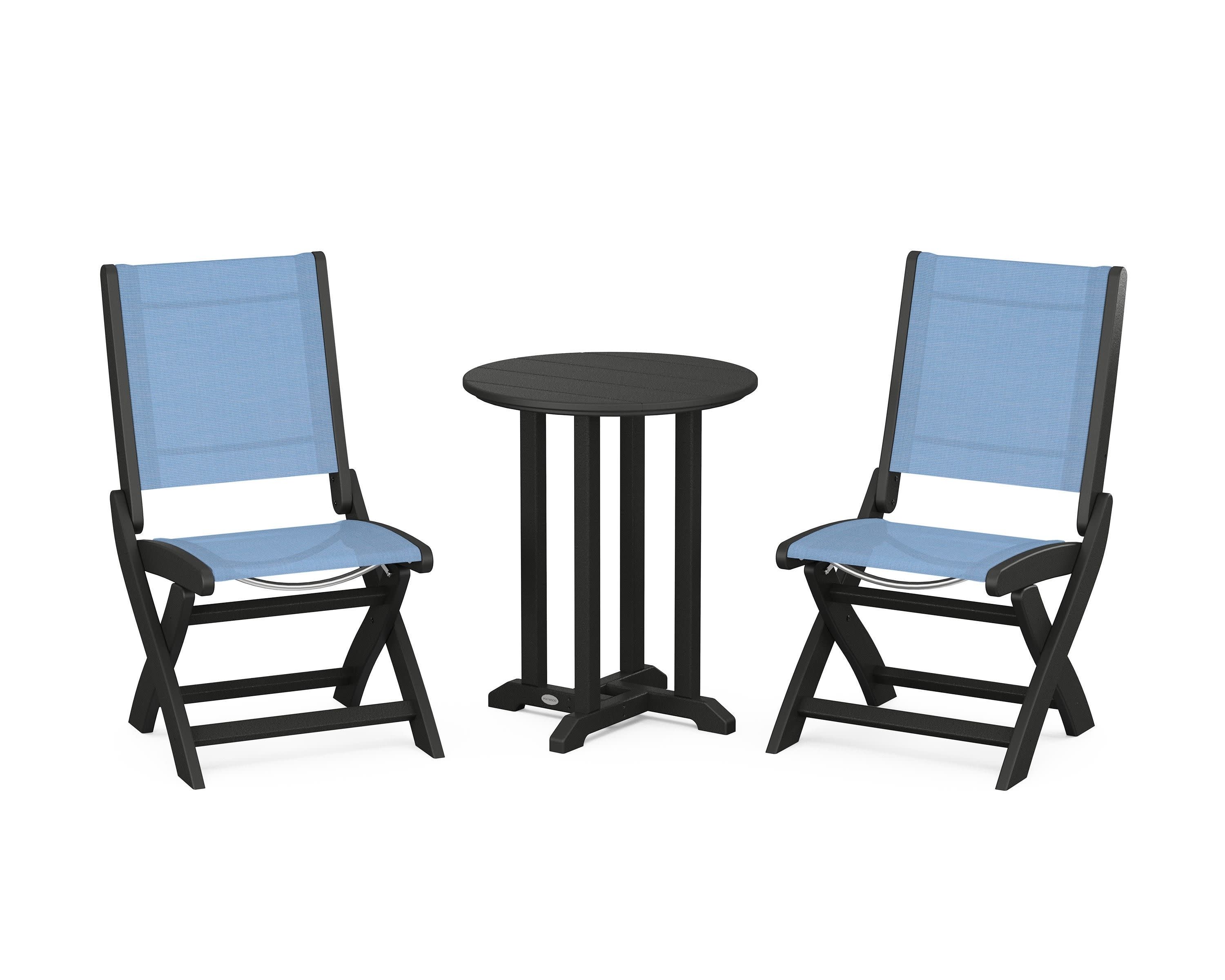 Coastal Folding Side Chair 3-Piece Round Bistro Dining Set in Black / Poolside Sling