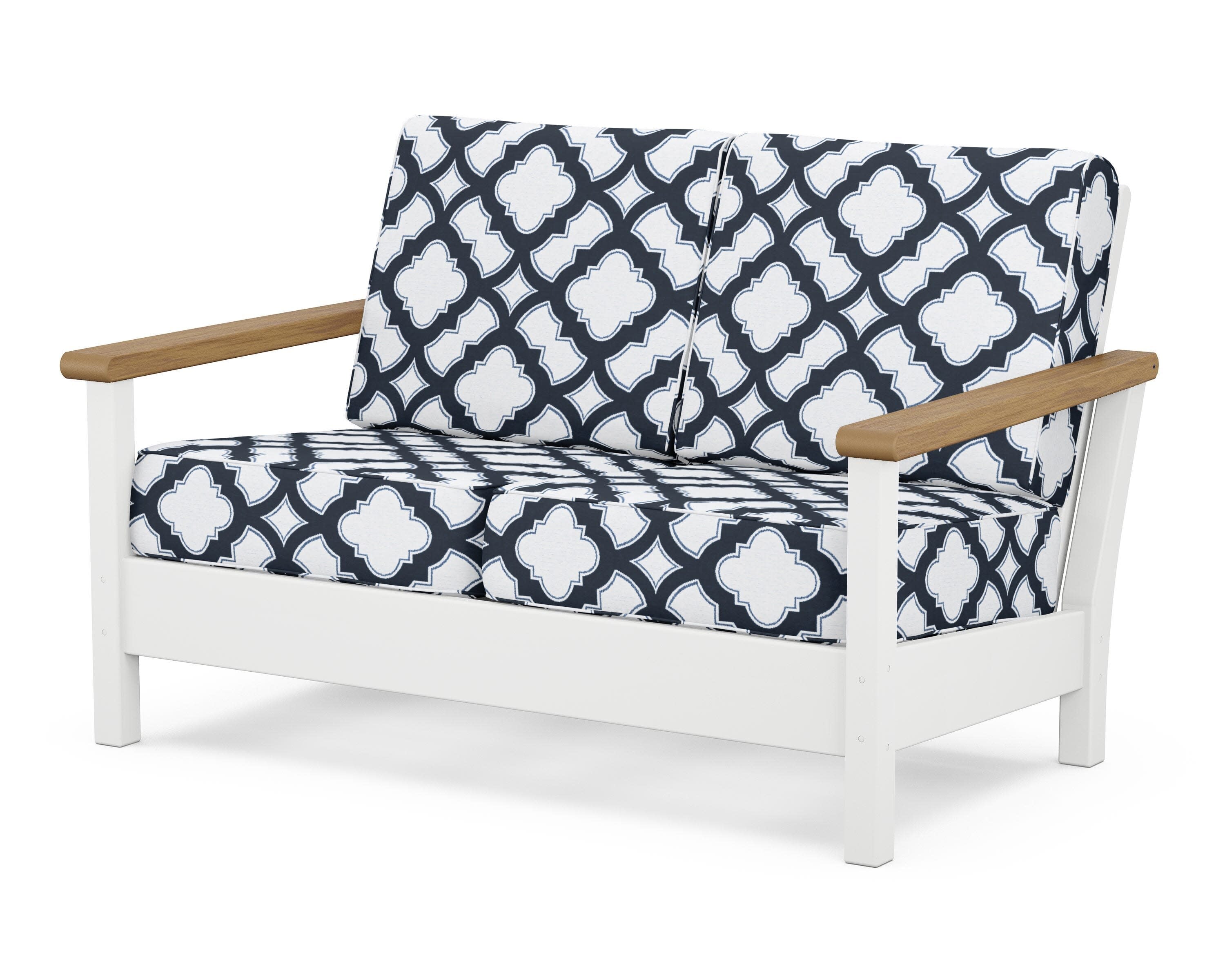 Harbour Deep Seating Loveseat in White / Natural / Trellis Marine Indigo