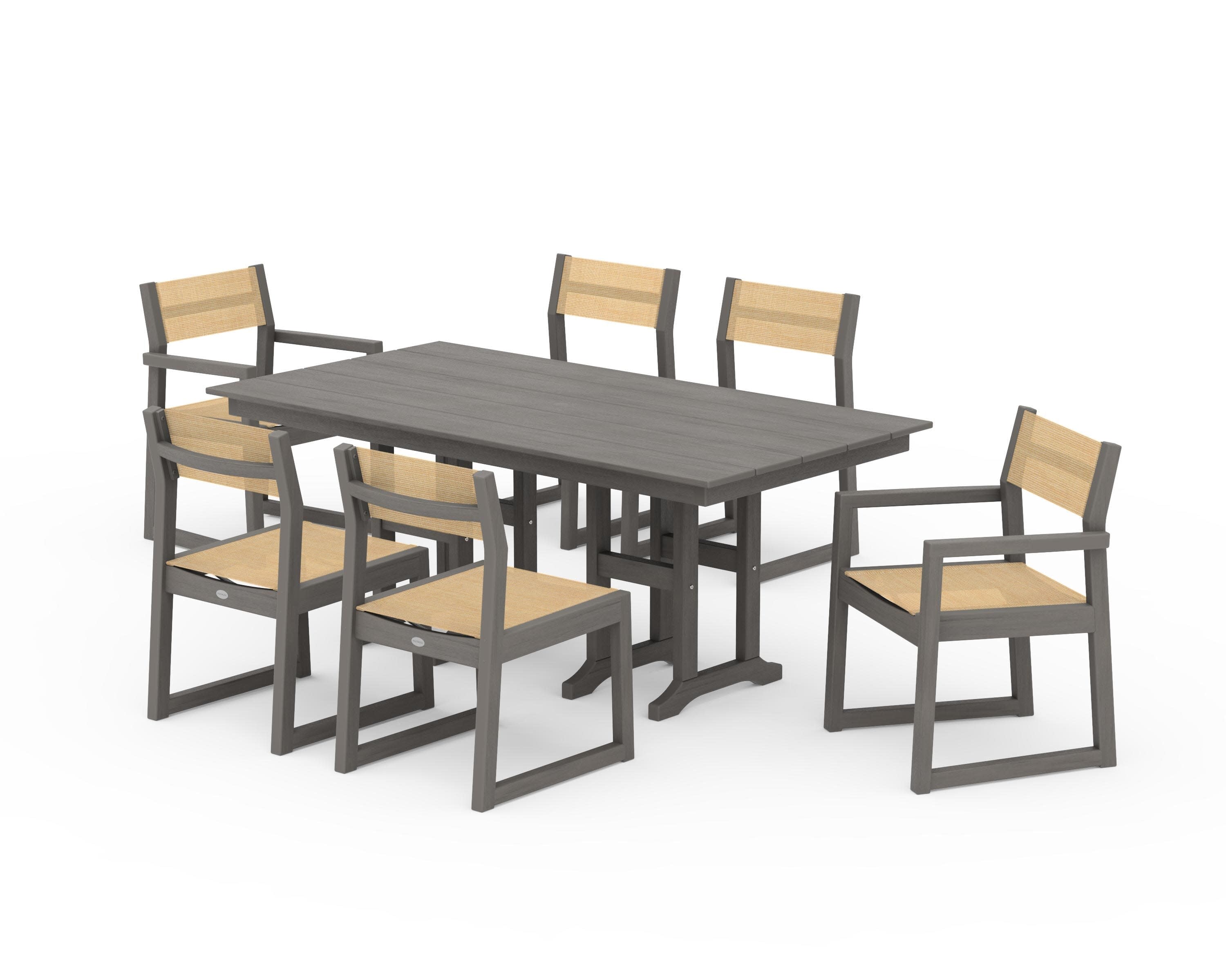 EDGE Sling 7-Piece Farmhouse Dining Set in Driftwood / Dupioni Apricot Sling