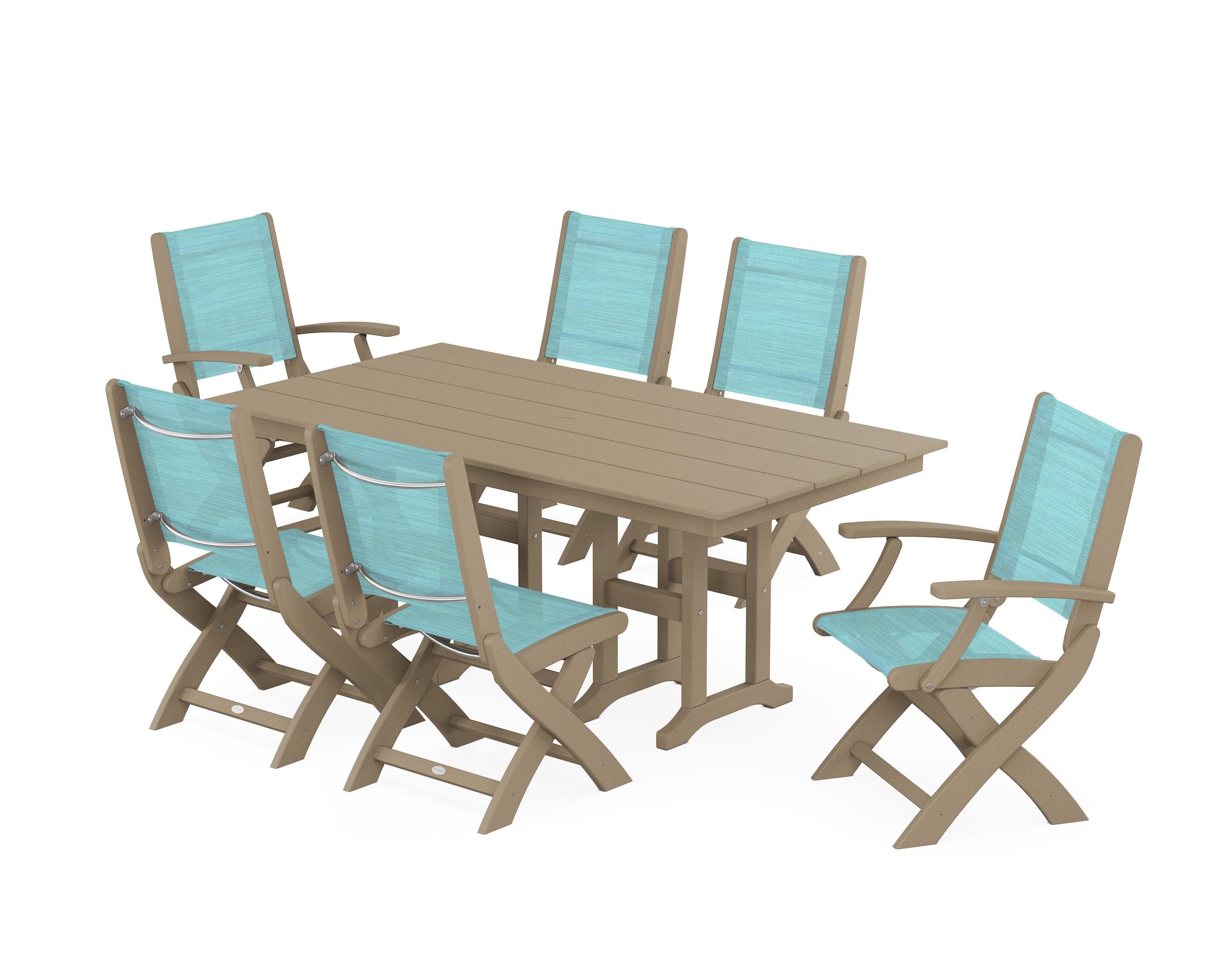 Coastal Folding Chair 7-Piece Farmhouse Dining Set in Vintage Sahara / Dupioni Aquamarine Sling