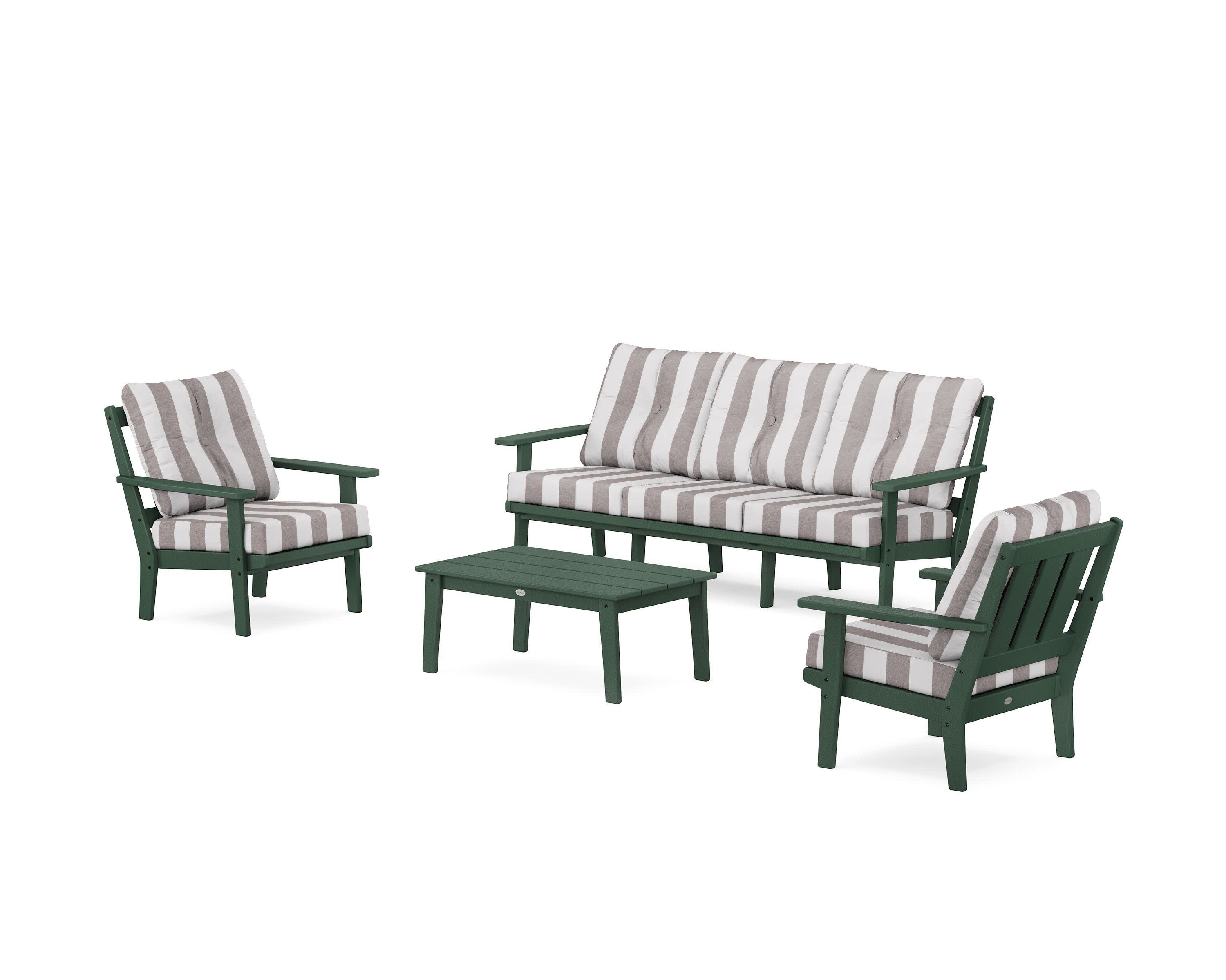 Oxford 4-Piece Deep Seating Set with Sofa in Green / Cabana Stripe Grey Mist