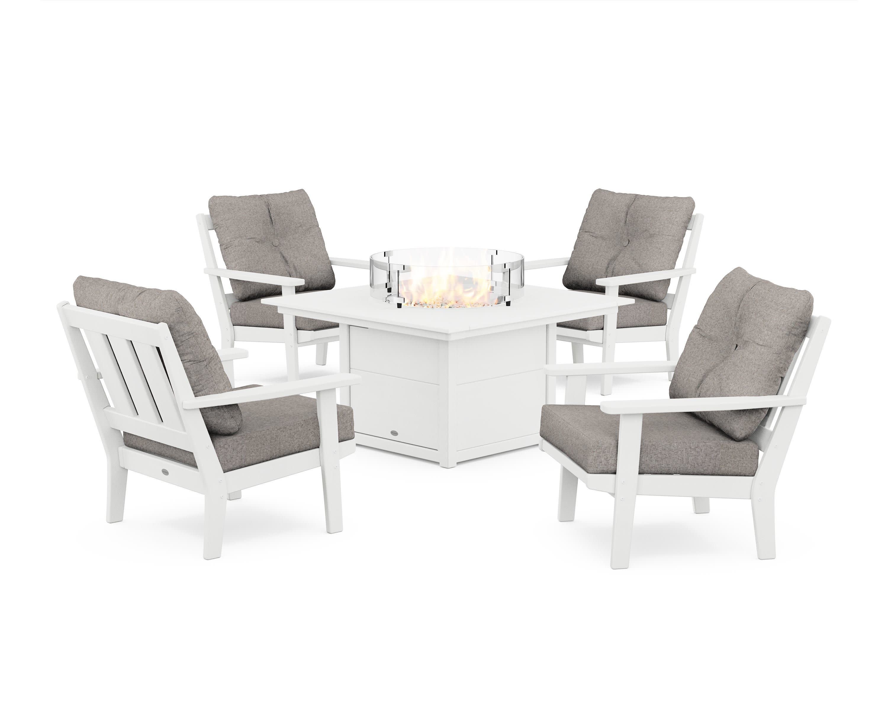 Oxford 5-Piece Deep Seating Set with Fire Pit Table in White / Weathered Tweed