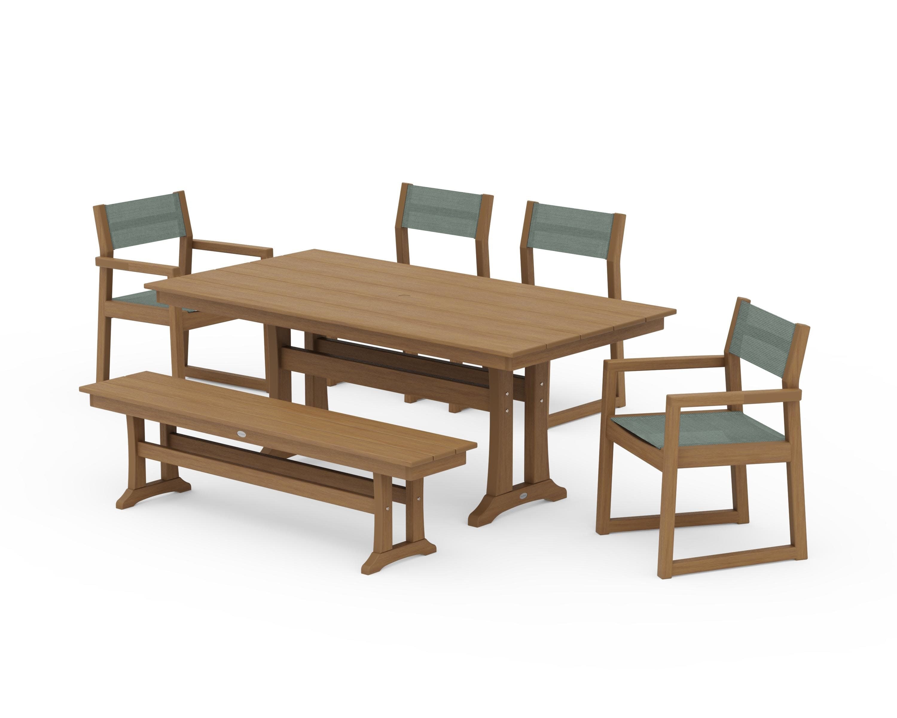 EDGE Sling 6-Piece Farmhouse Dining Set With Trestle Legs in Natural / Dupioni Sea Mist Sling
