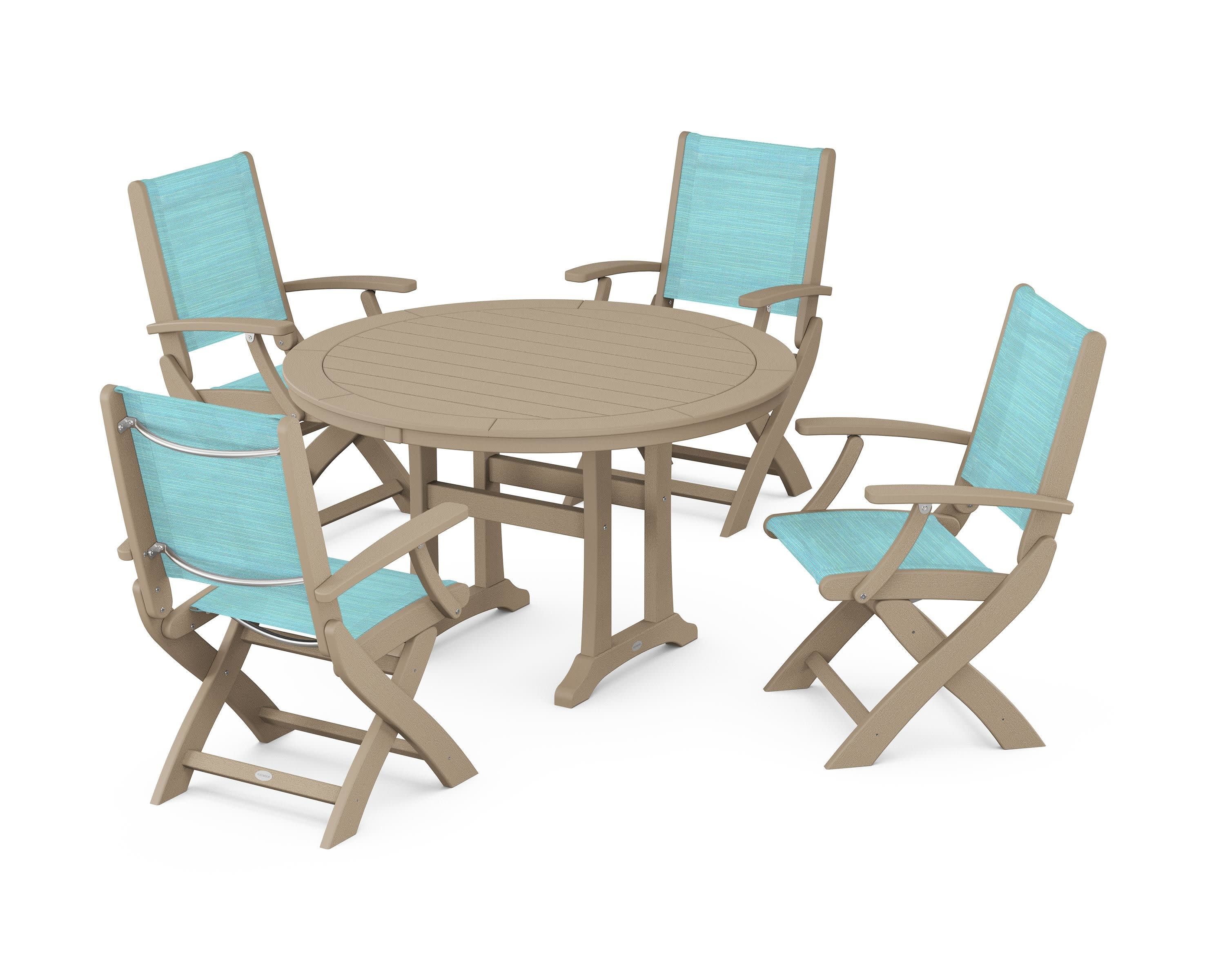 Coastal Folding Chair 5-Piece Round Dining Set with Trestle Legs in Vintage Sahara / Dupioni Aquamarine Sling