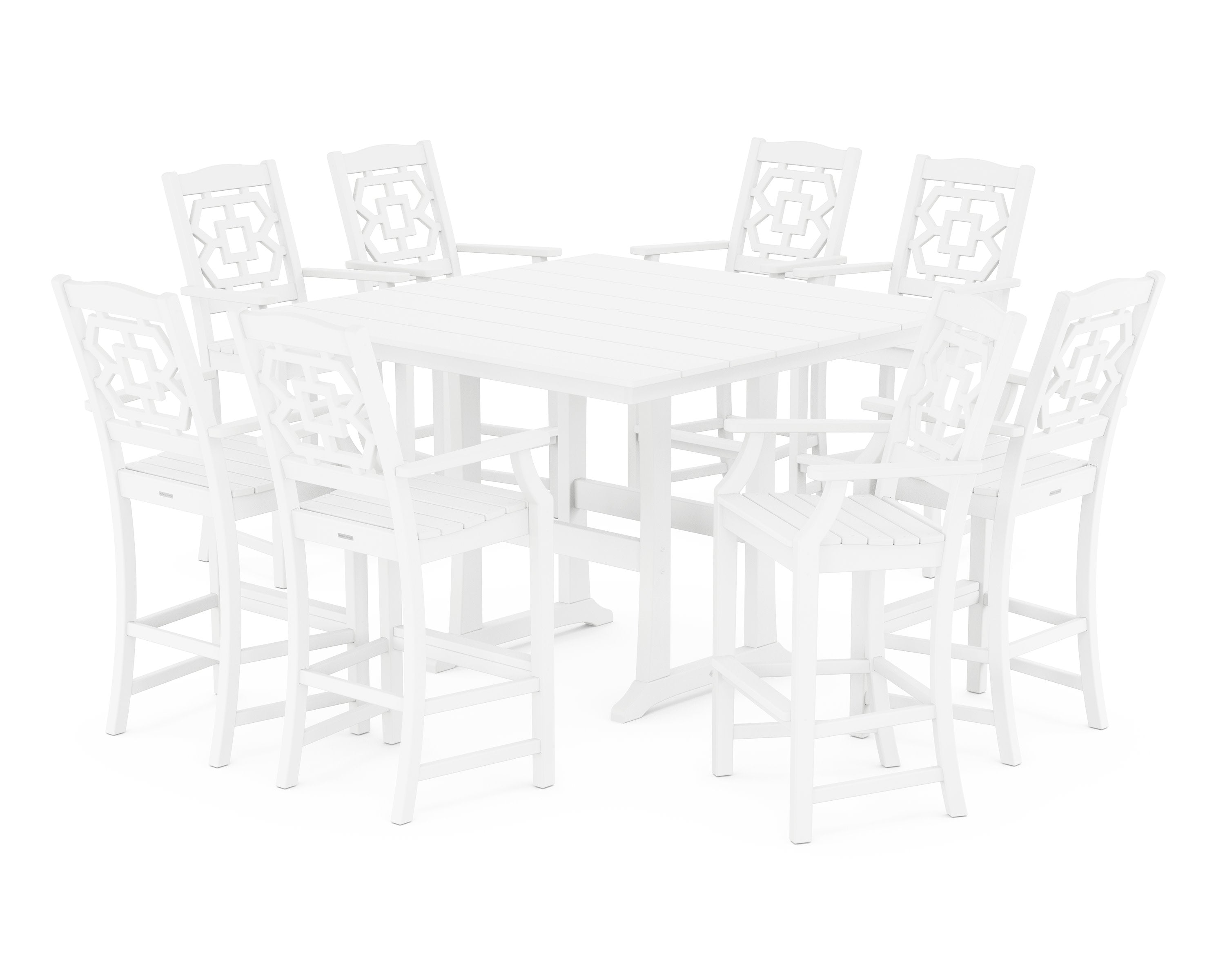 Chinoiserie 9-Piece Square Farmhouse Bar Set with Trestle Legs in White