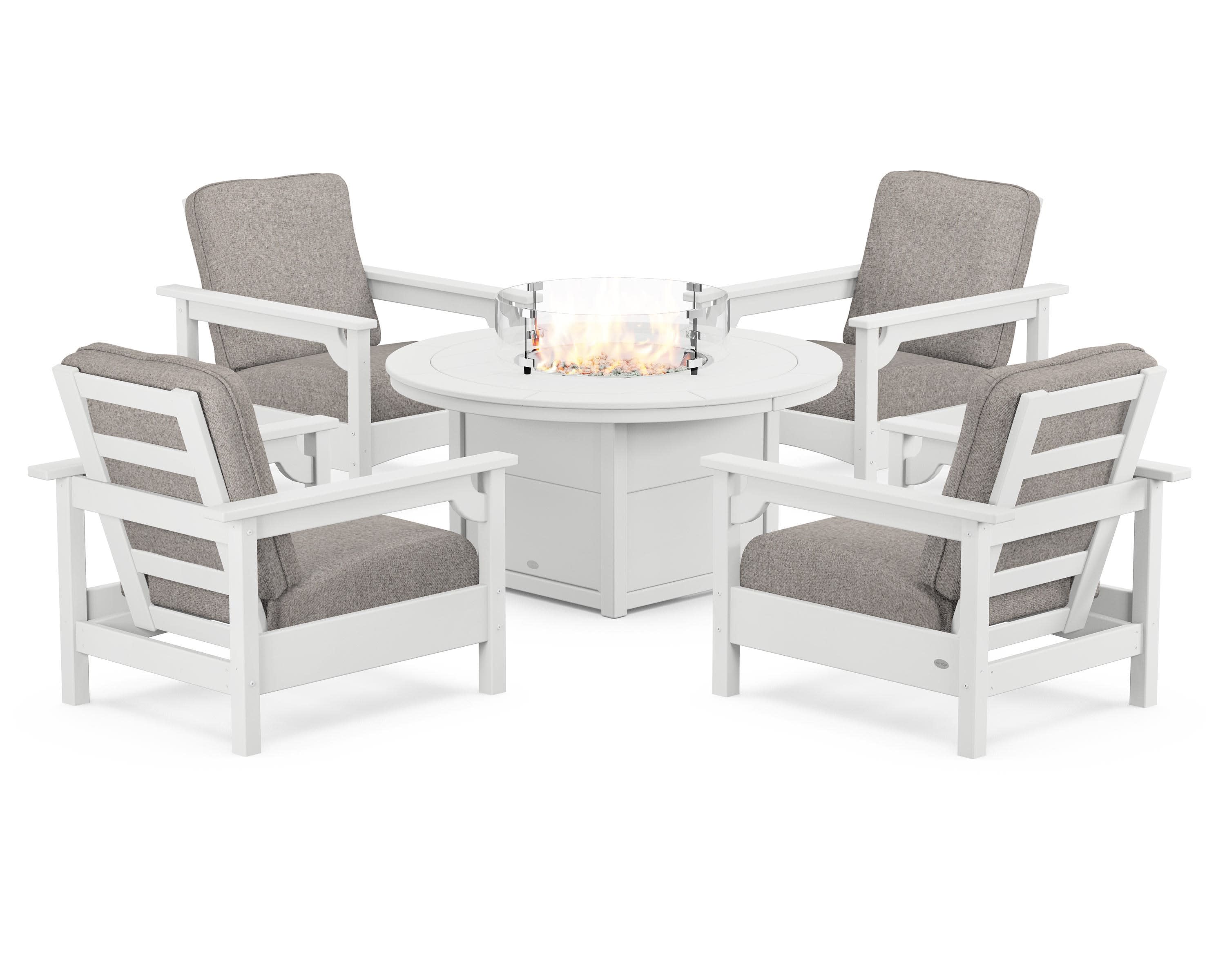 Club 5-Piece Conversation Set with Fire Pit Table in White / Weathered Tweed