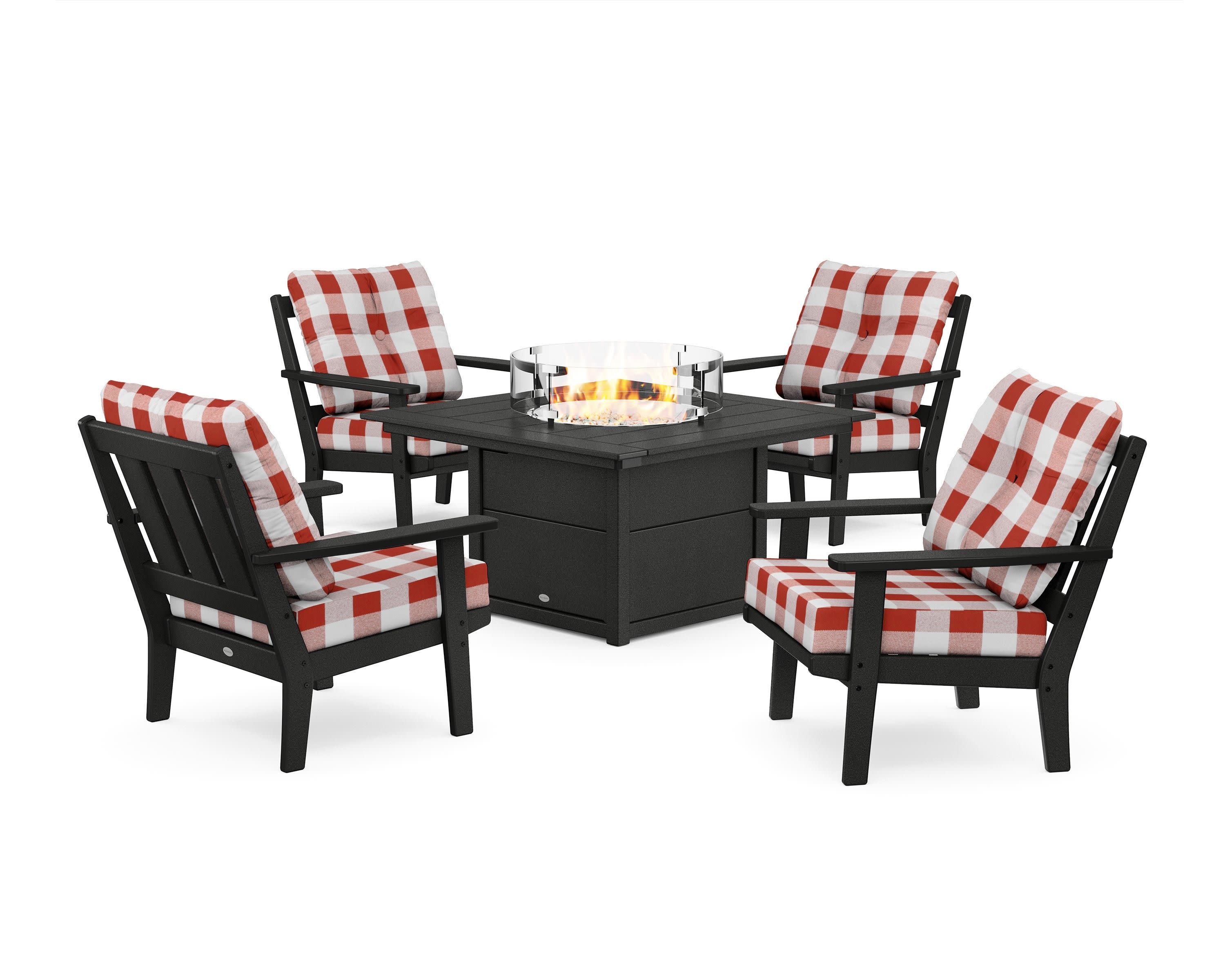 Oxford 5-Piece Deep Seating Set with Fire Pit Table in Black / Buffalo Plaid Crimson