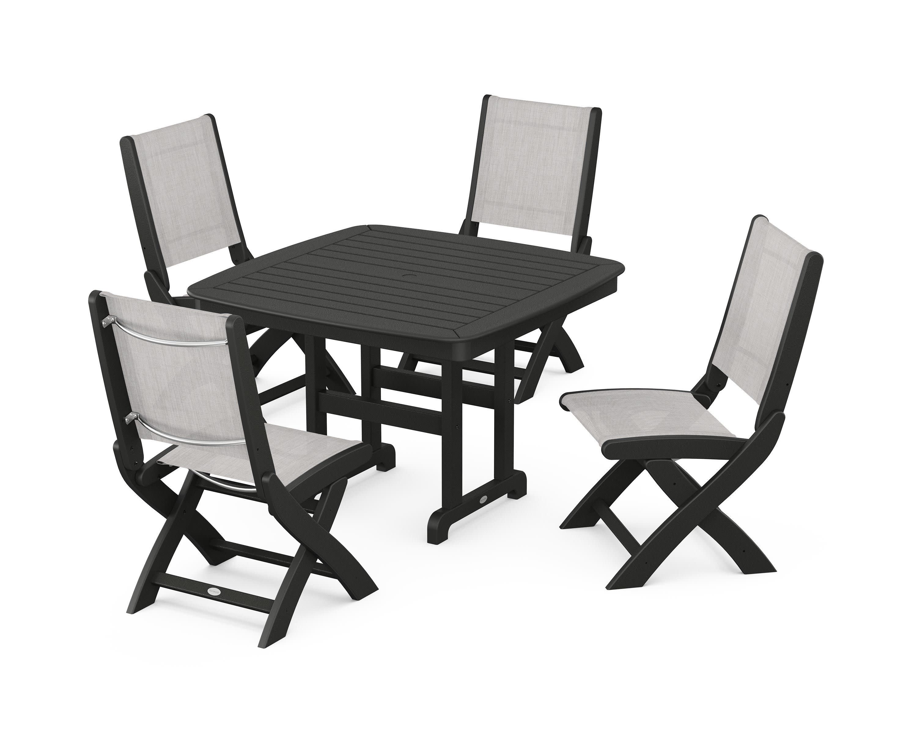 Coastal Folding Side Chair 5-Piece Dining Set in Black / Parchment Sling
