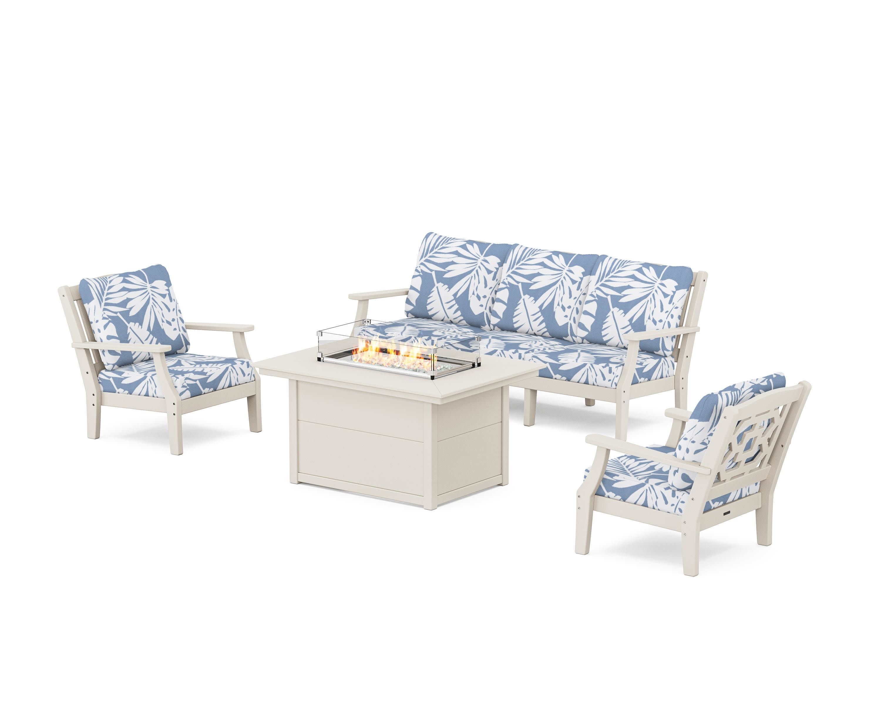 Chinoiserie Deep Seating Fire Pit Table Set in Sand / Leaf Sky Blue