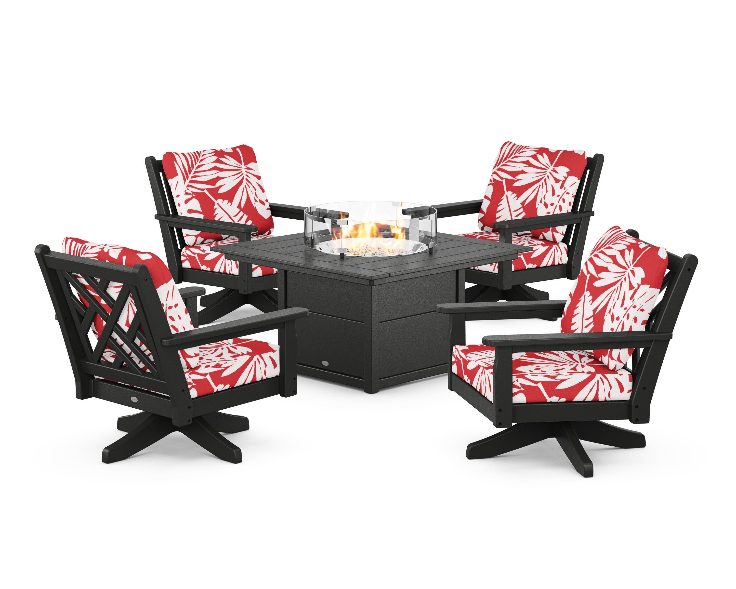 Chippendale 5-Piece Deep Seating Swivel Conversation Set with Fire Pit Table in Black / Leaf Crimson