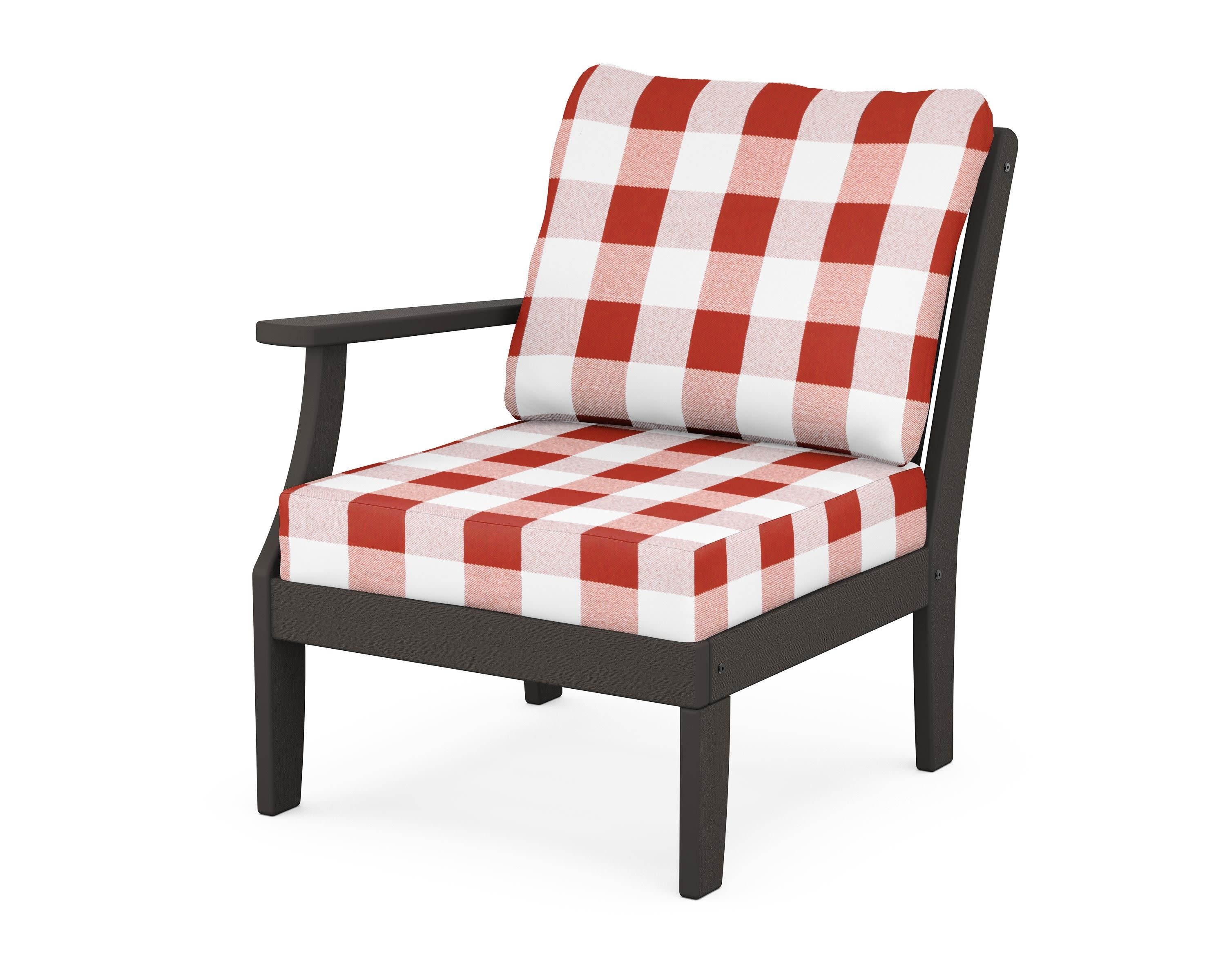Braxton Modular Left Arm Chair in Vintage Coffee / Buffalo Plaid Crimson