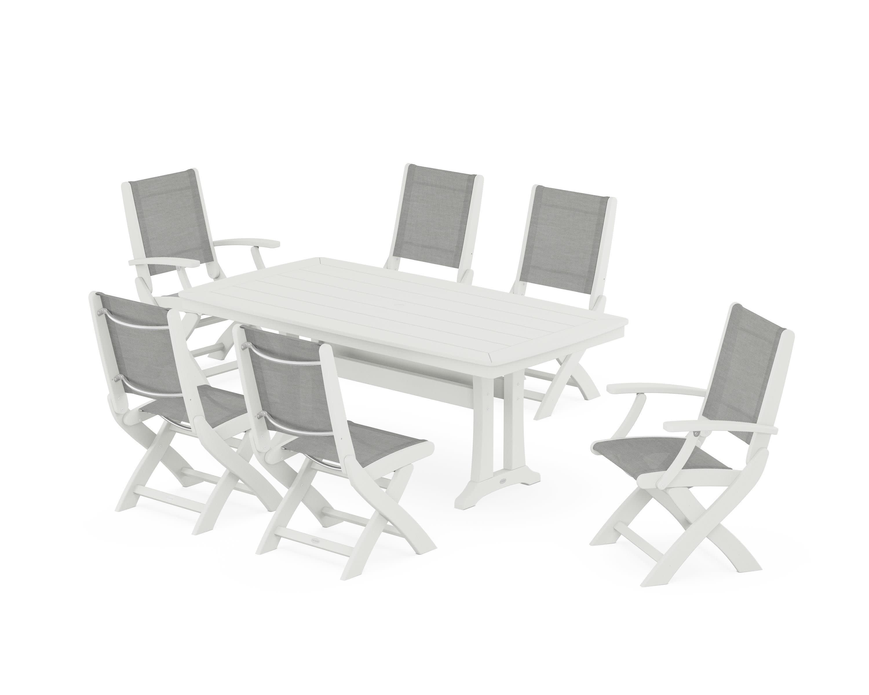 Coastal Folding Chair 7-Piece Dining Set with Trestle Legs in Vintage White / Metallic Sling