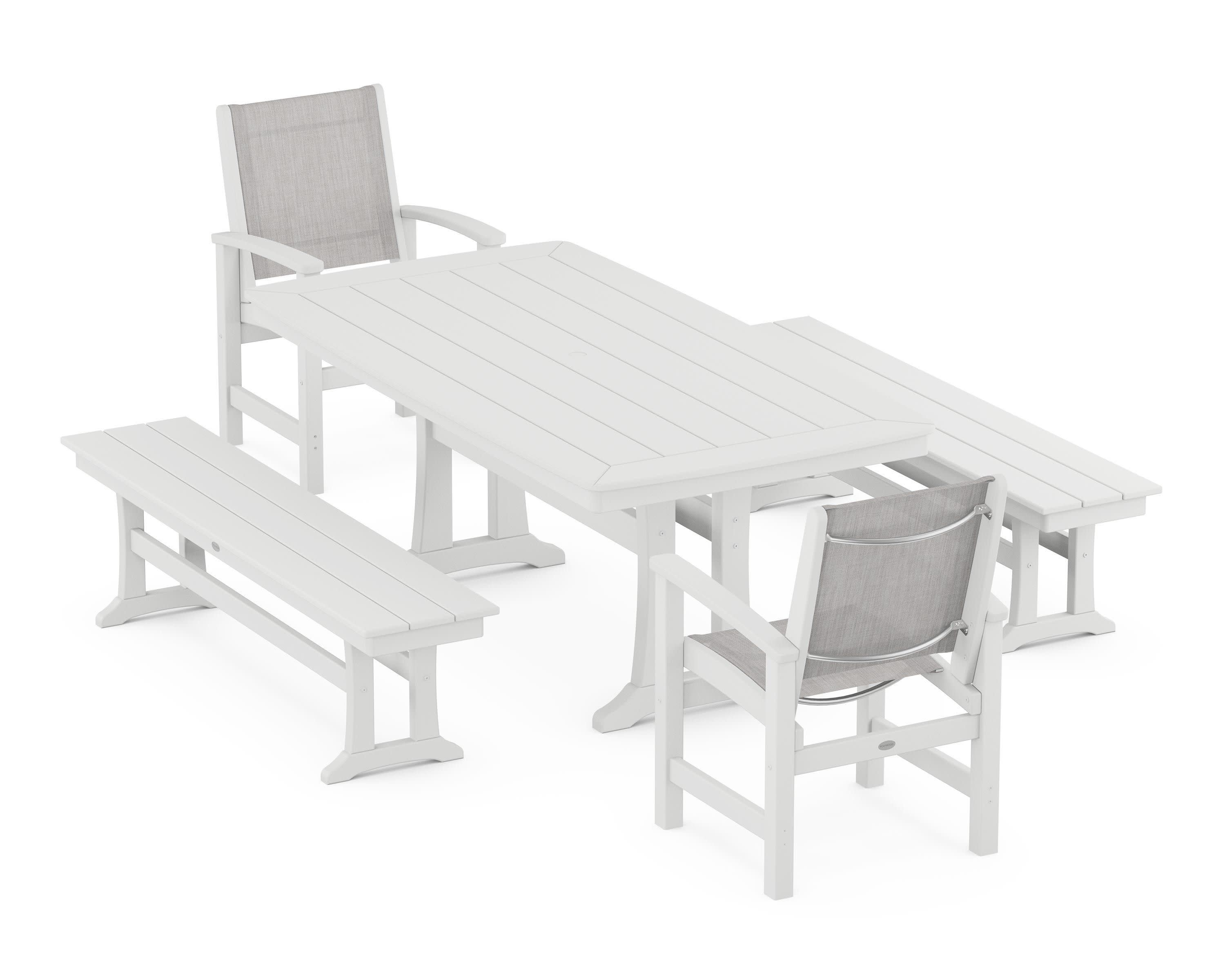Coastal 5-Piece Dining Set with Trestle Legs and Benches in White / Parchment Sling