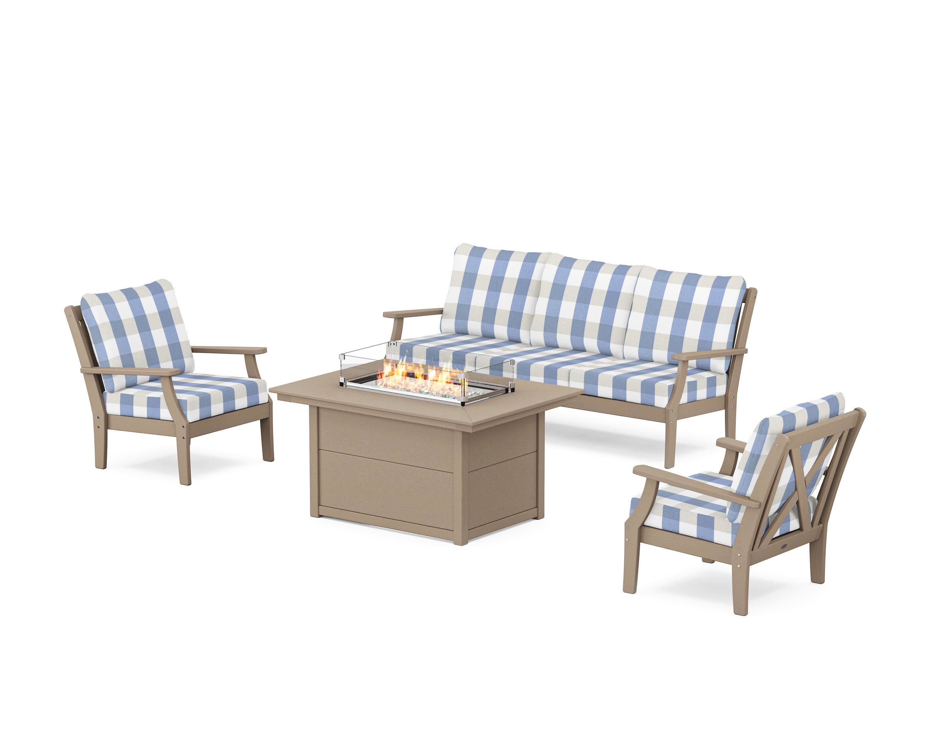 Braxton Deep Seating Fire Pit Table Set in Vintage Sahara / Buffalo Plaid Sky Blue