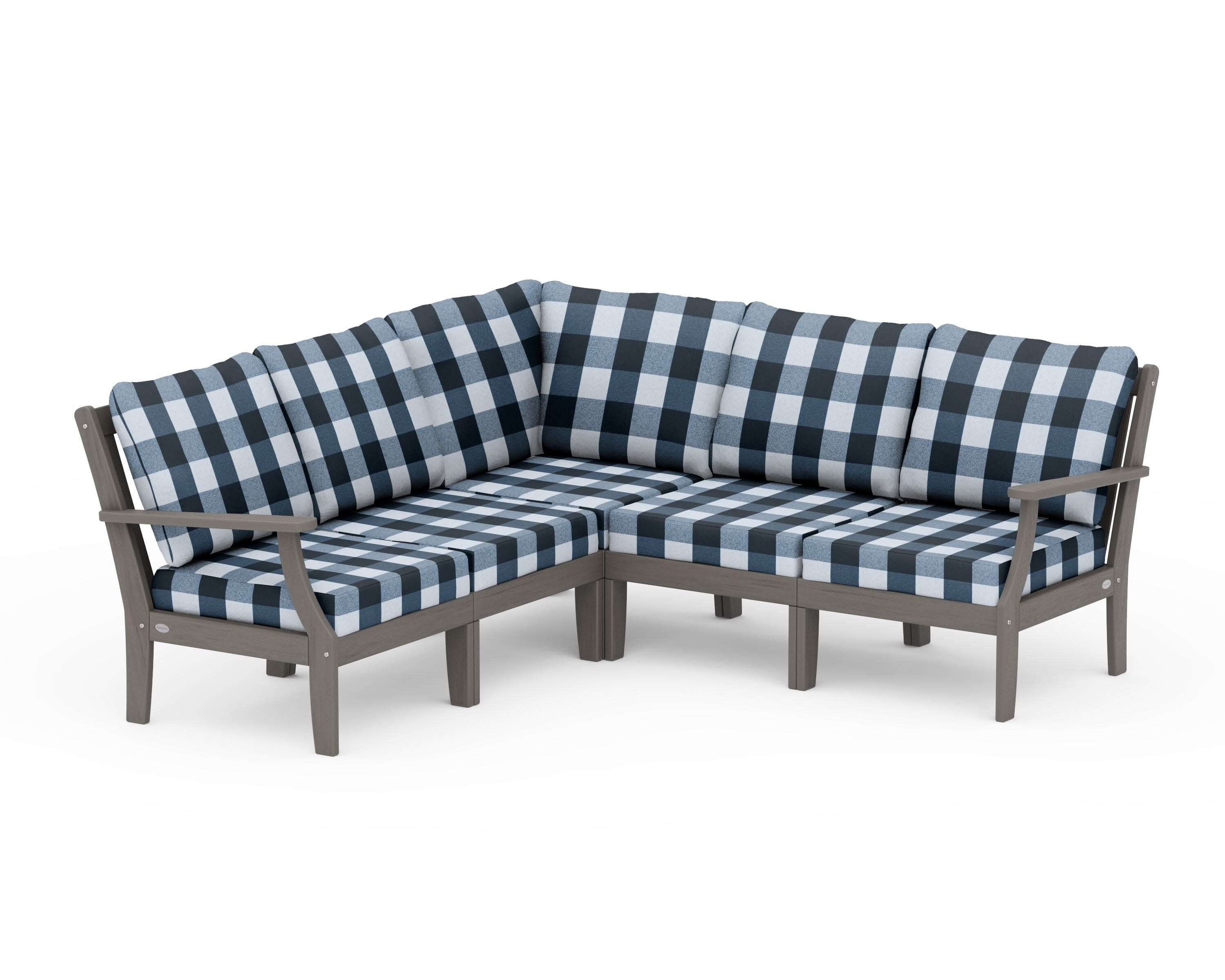 Braxton Modular 5-Piece Deep Seating Set in Driftwood / Buffalo Plaid Marine Indigo