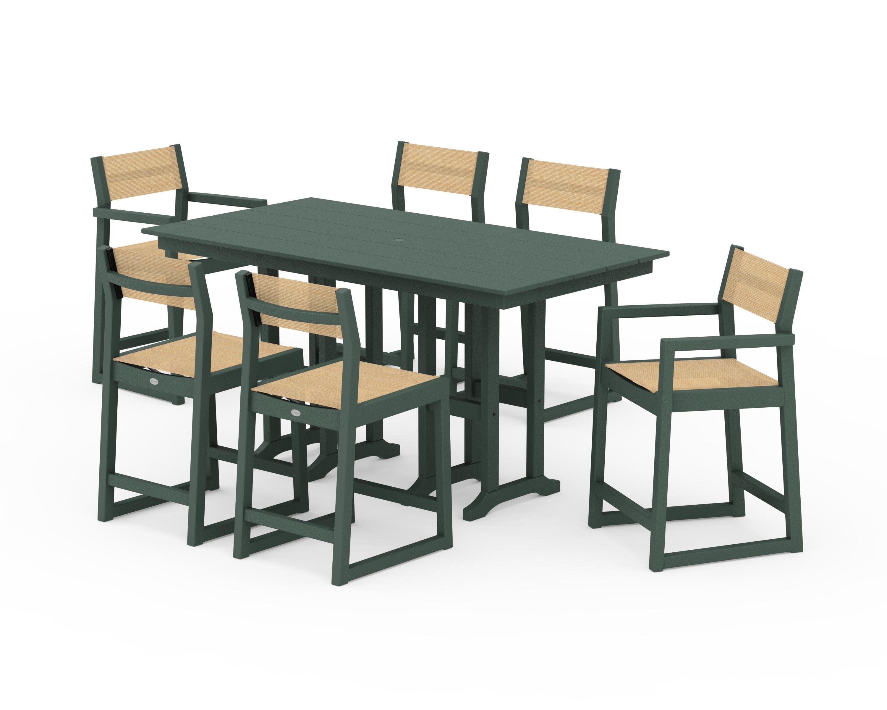 EDGE Sling 7-Piece Farmhouse Counter Set in Green / Dupioni Apricot Sling
