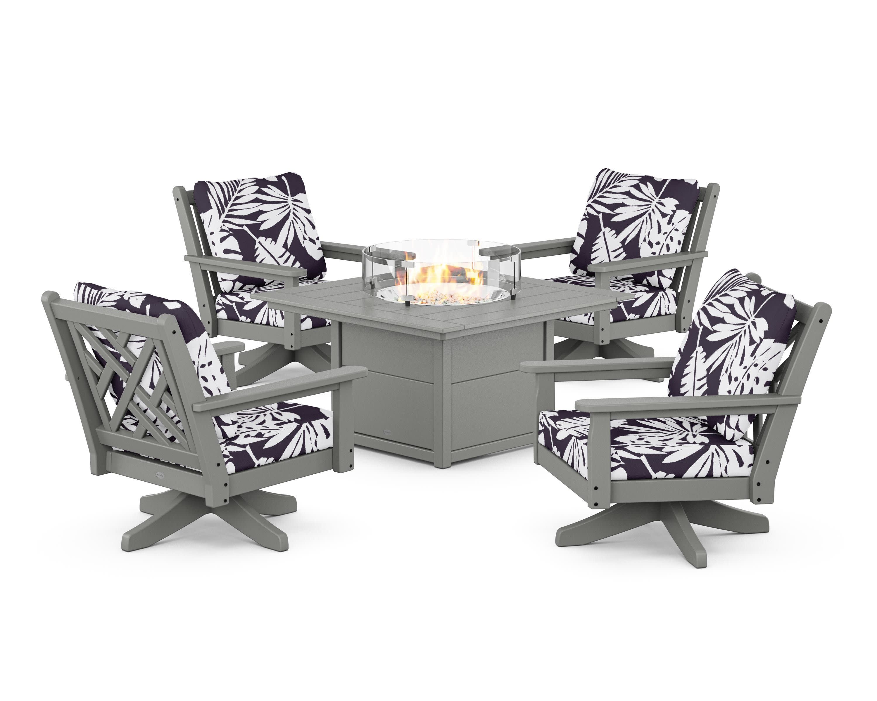 Chippendale 5-Piece Deep Seating Swivel Conversation Set with Fire Pit Table in Slate Grey / Leaf Navy